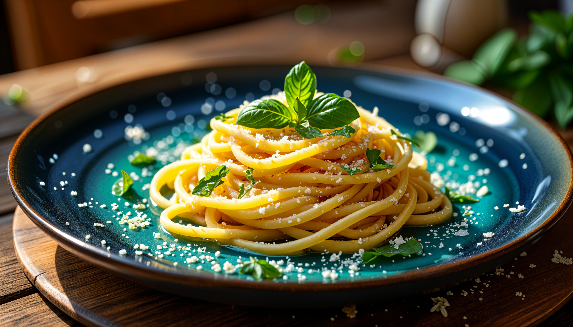 A vibrant plate of pasta garnished with fresh herbs and sprinkled with cheese, captured in stunning detail for a 4K Ultra HD desktop wallpaper.