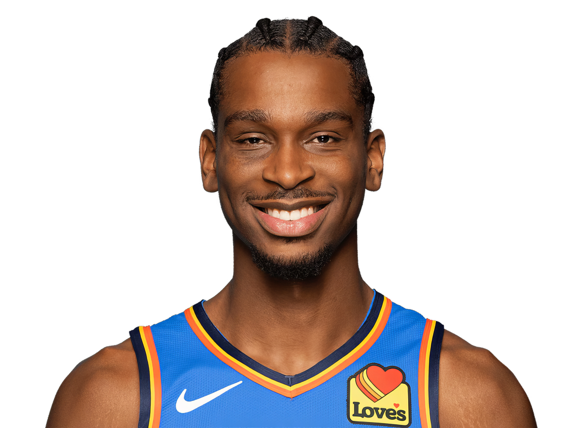 Shai Gilgeous-Alexander smiles in a vibrant Oklahoma City Thunder jersey against a simple background, capturing the energy of the NBA in a striking HD desktop wallpaper.