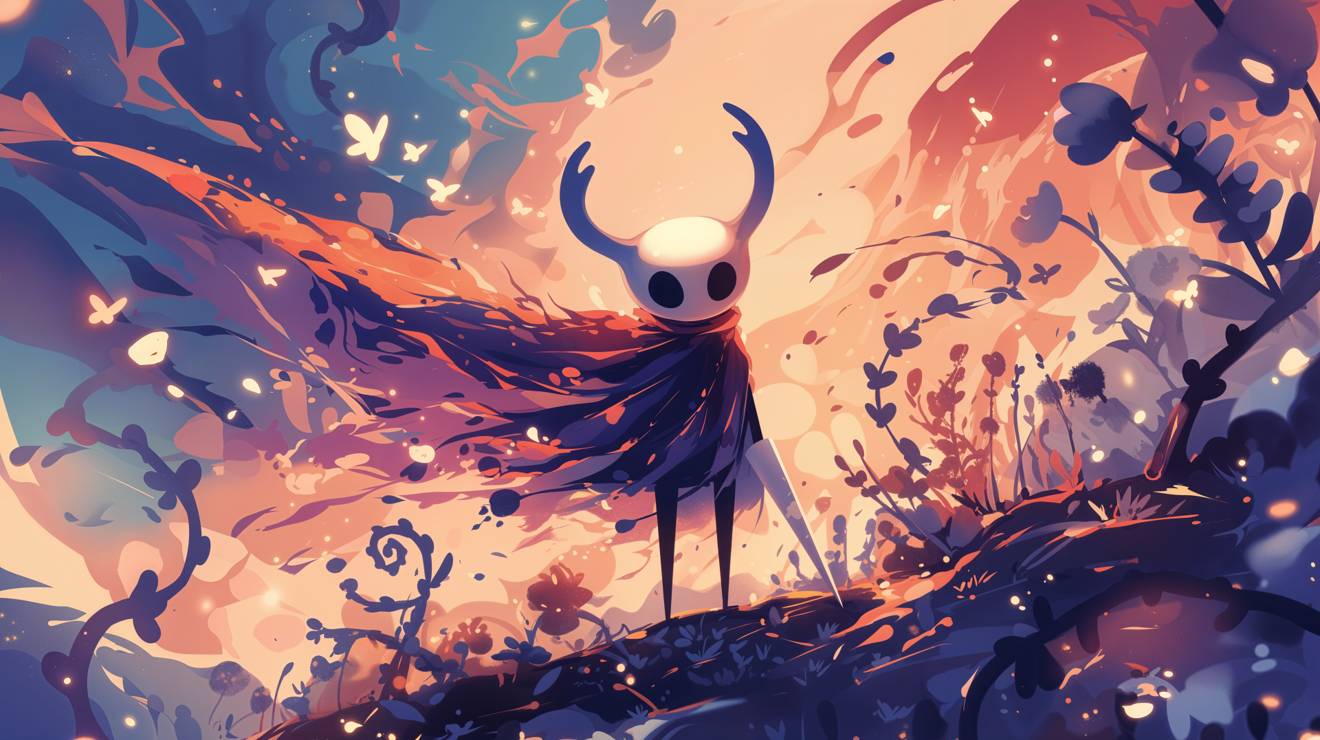 A stunning 4K Ultra HD wallpaper featuring the main character from the video game Hollow Knight, surrounded by vibrant colors and whimsical nature elements.