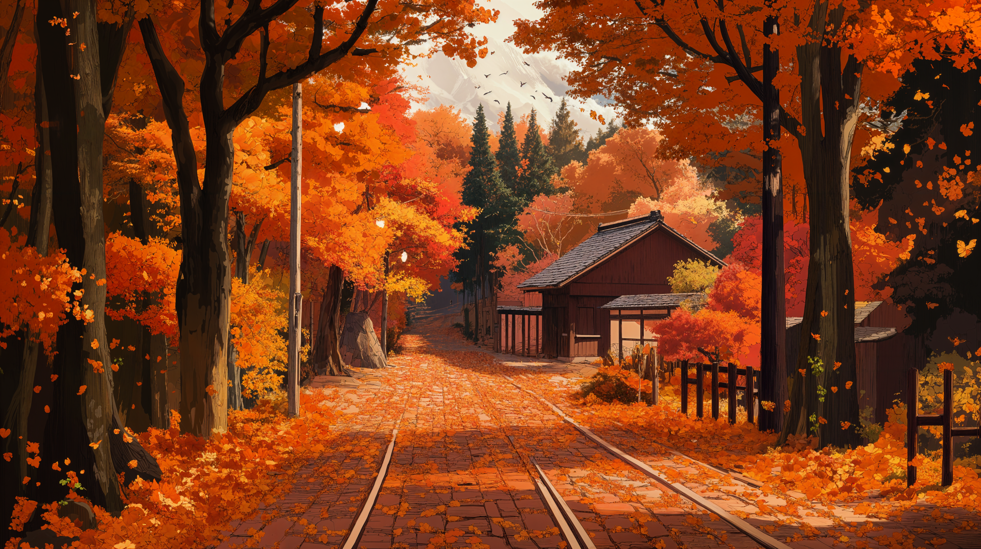 A 4K Ultra HD desktop wallpaper featuring an autumn landscape with vibrant orange leaves, tall trees, and a quaint house beside a railway track.