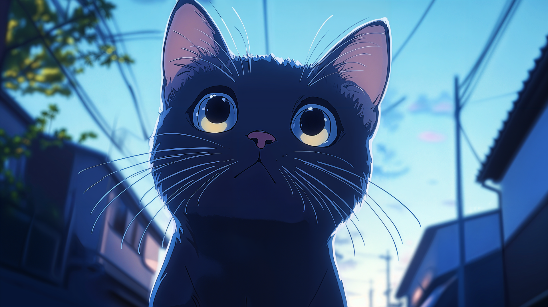 A charming anime cat gazes upward with large, expressive eyes against a scenic backdrop, captured in stunning 4K Ultra HD for a desktop wallpaper.