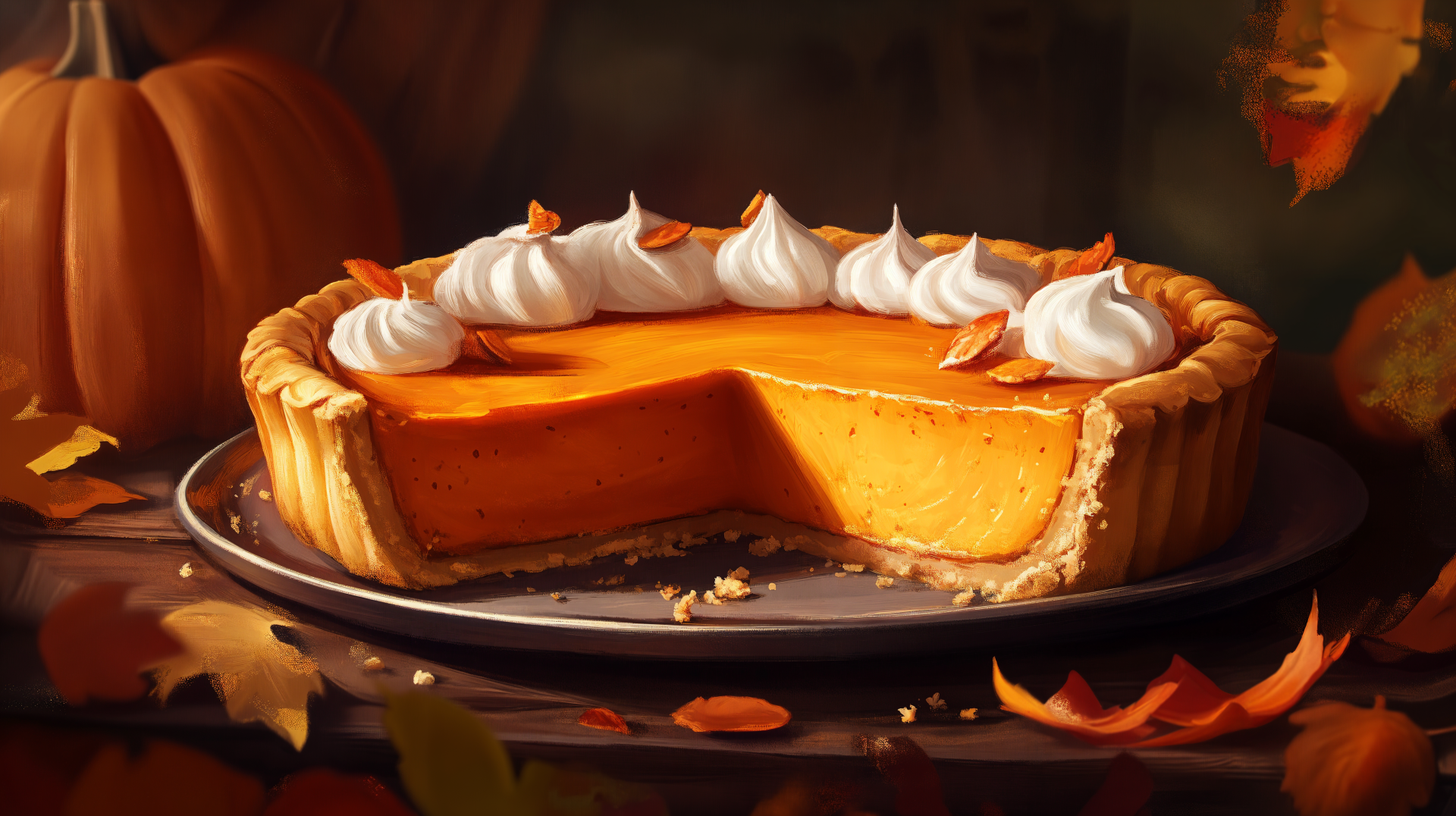 A beautifully rendered pumpkin pie sits on a plate, showcasing its creamy orange filling topped with whipped cream and garnished with leaves, set against a cozy autumn backdrop.
