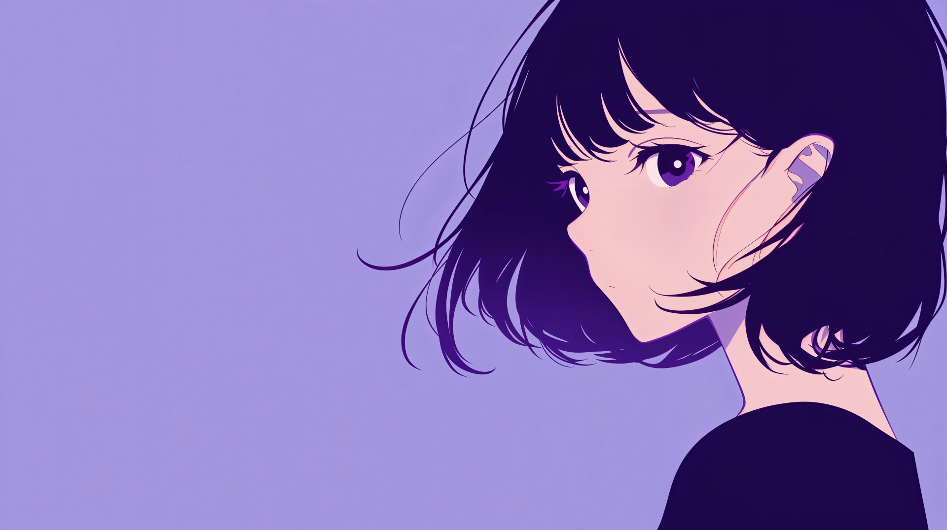 A minimalist anime girl with short hair gazes thoughtfully against a soft purple background, crafted as a 4K Ultra HD desktop wallpaper and background.