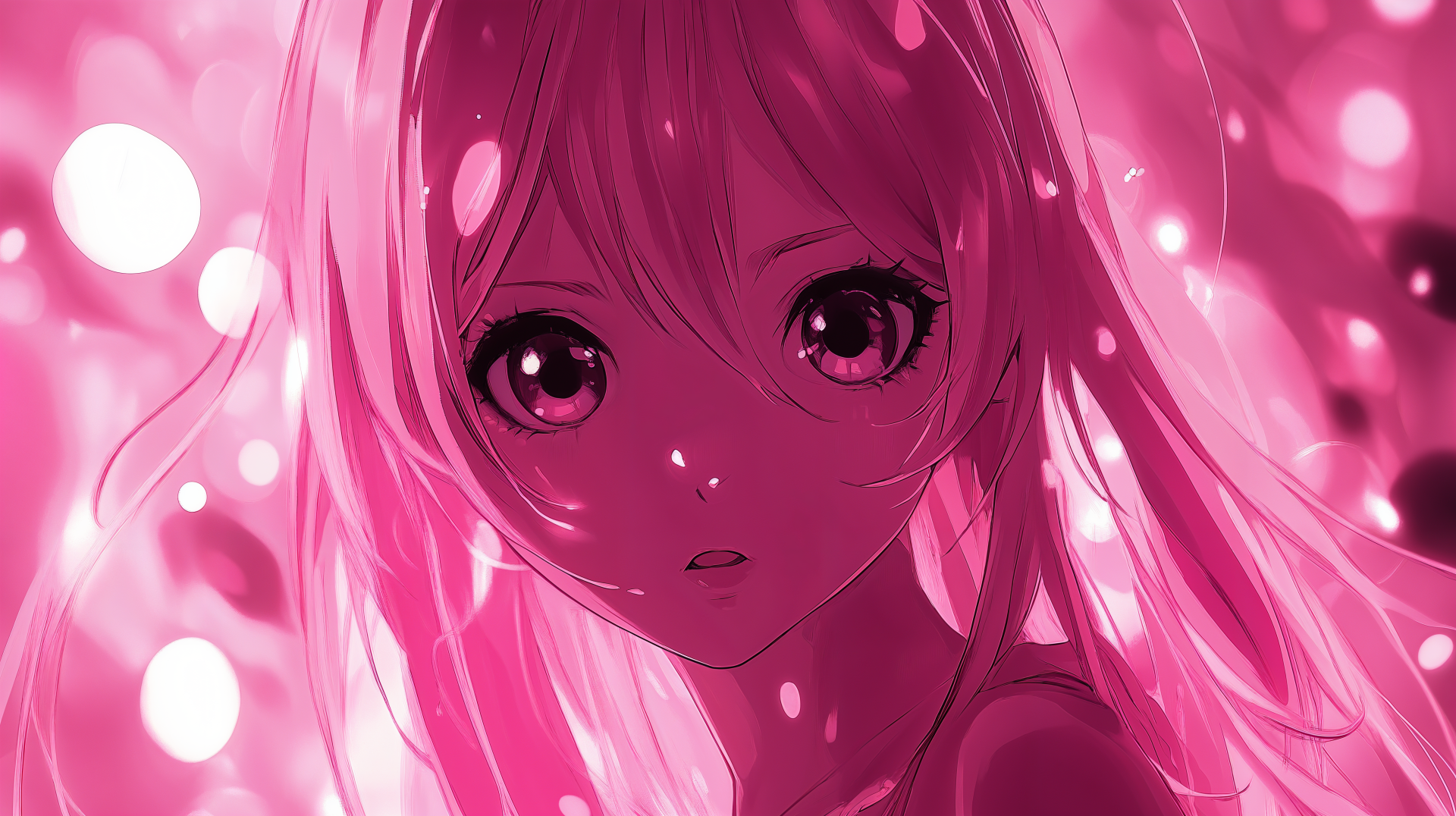 A captivating pink anime girl with large expressive eyes, surrounded by soft glowing lights, serves as a vibrant 4K Ultra HD desktop wallpaper and background.