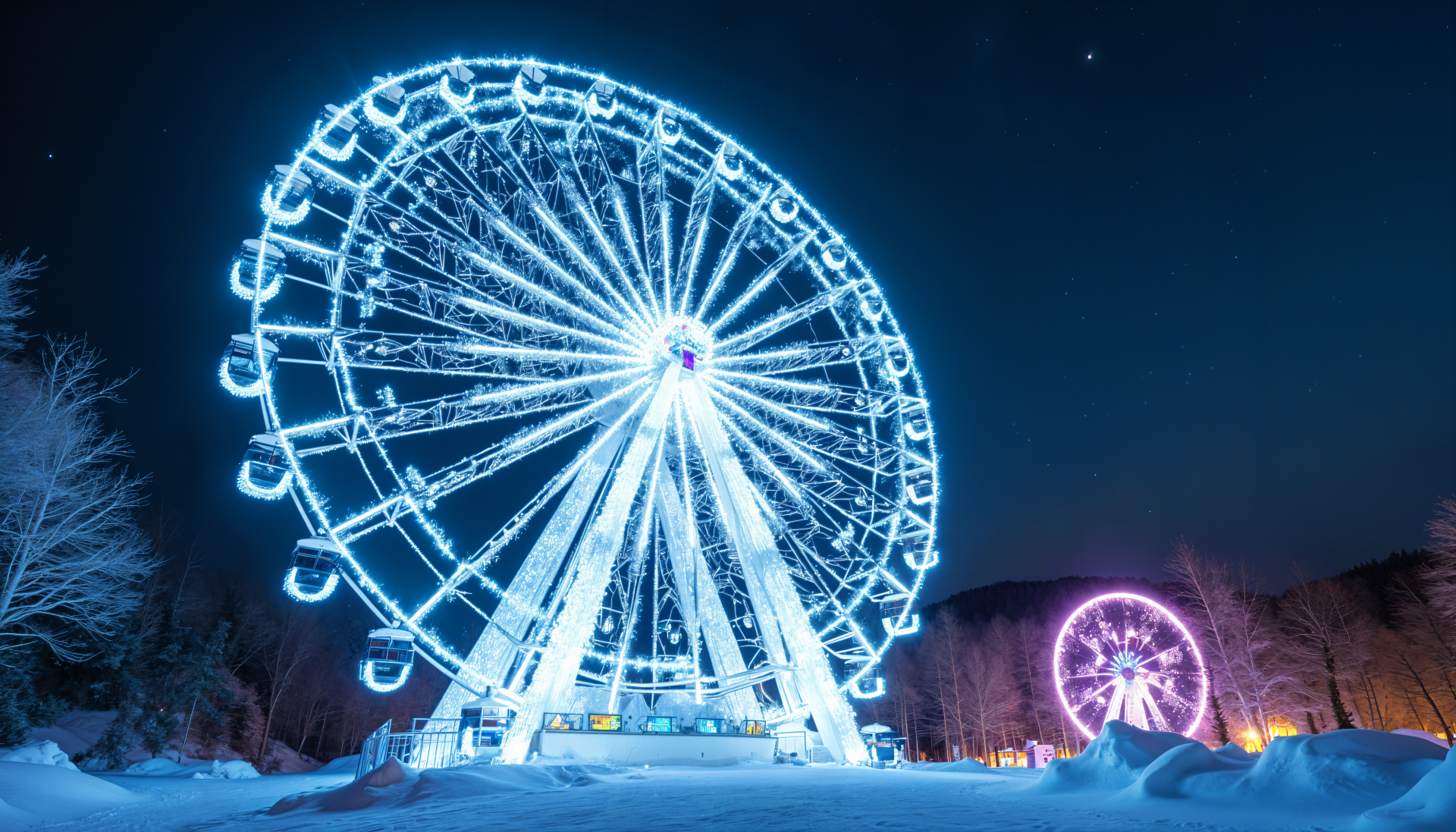 A stunning 4K Ultra HD image of a brightly lit ferris wheel at night, surrounded by snow, showcasing the vibrant colors and intricate design against a dark sky.