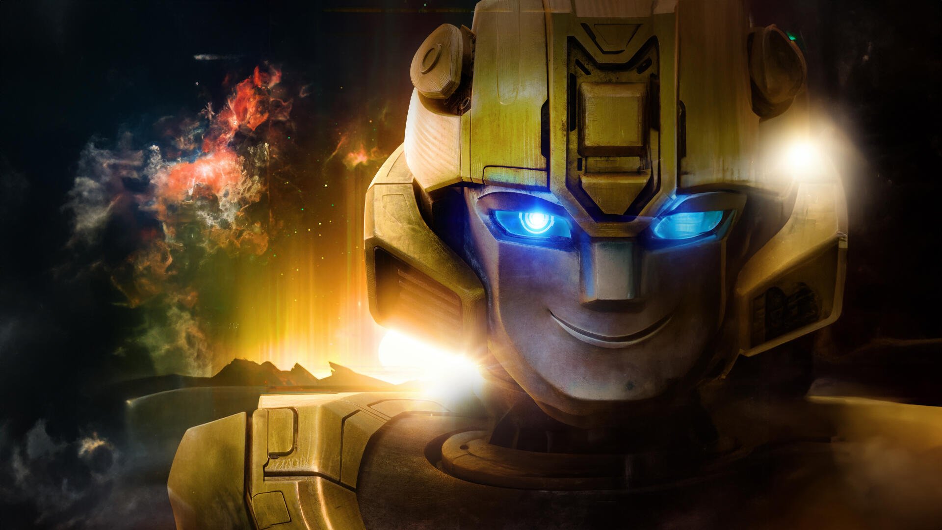 A vibrant 4K Ultra HD wallpaper featuring Bumblebee from the movie Transformers One, showcasing the character's illuminated blue eyes against a dynamic cosmic background.