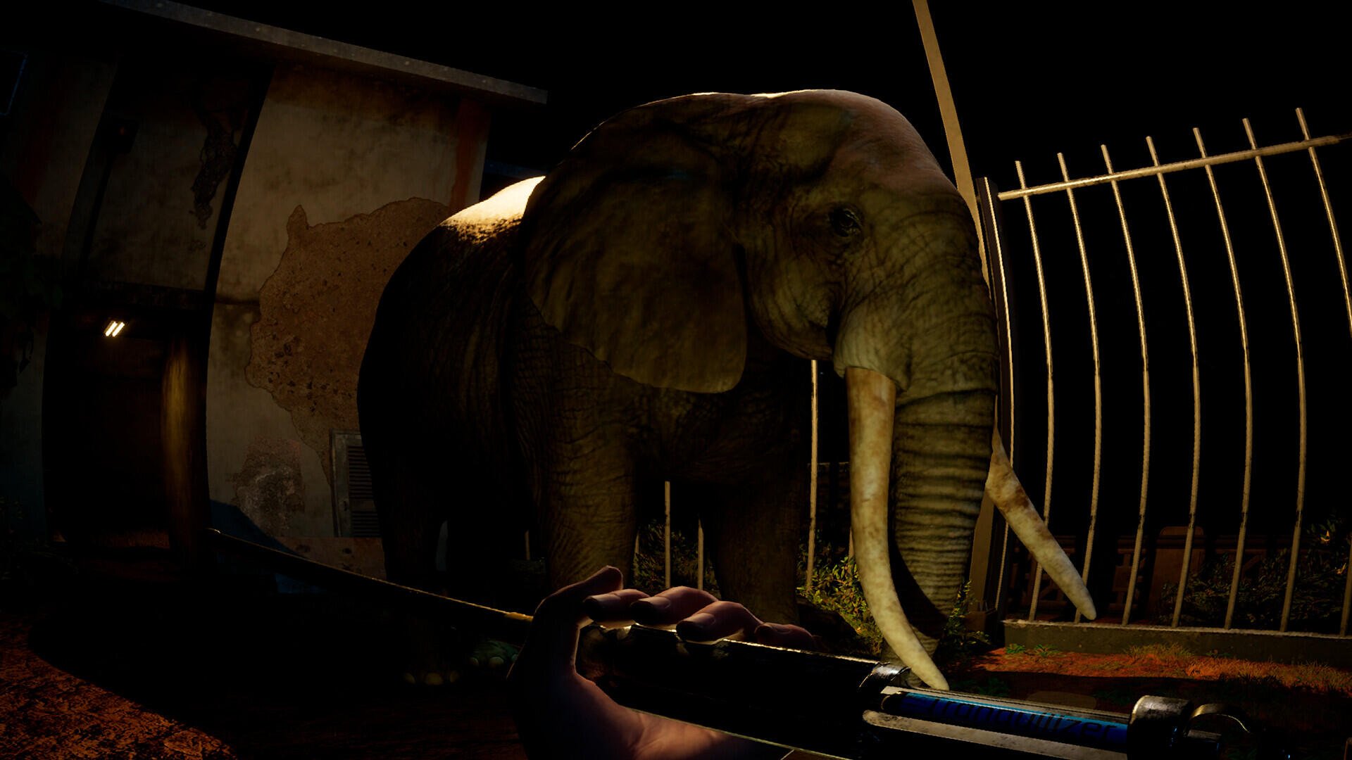 A dramatic scene from the video game Zoochosis features a close-up of an elephant against a dark backdrop, highlighting the tension and atmosphere of the HD PC desktop wallpaper.