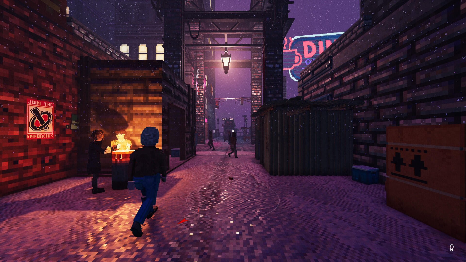 A vibrant HD wallpaper from the video game Shadows of Doubt, featuring a mysterious alley scene with characters navigating through a stylized urban landscape.