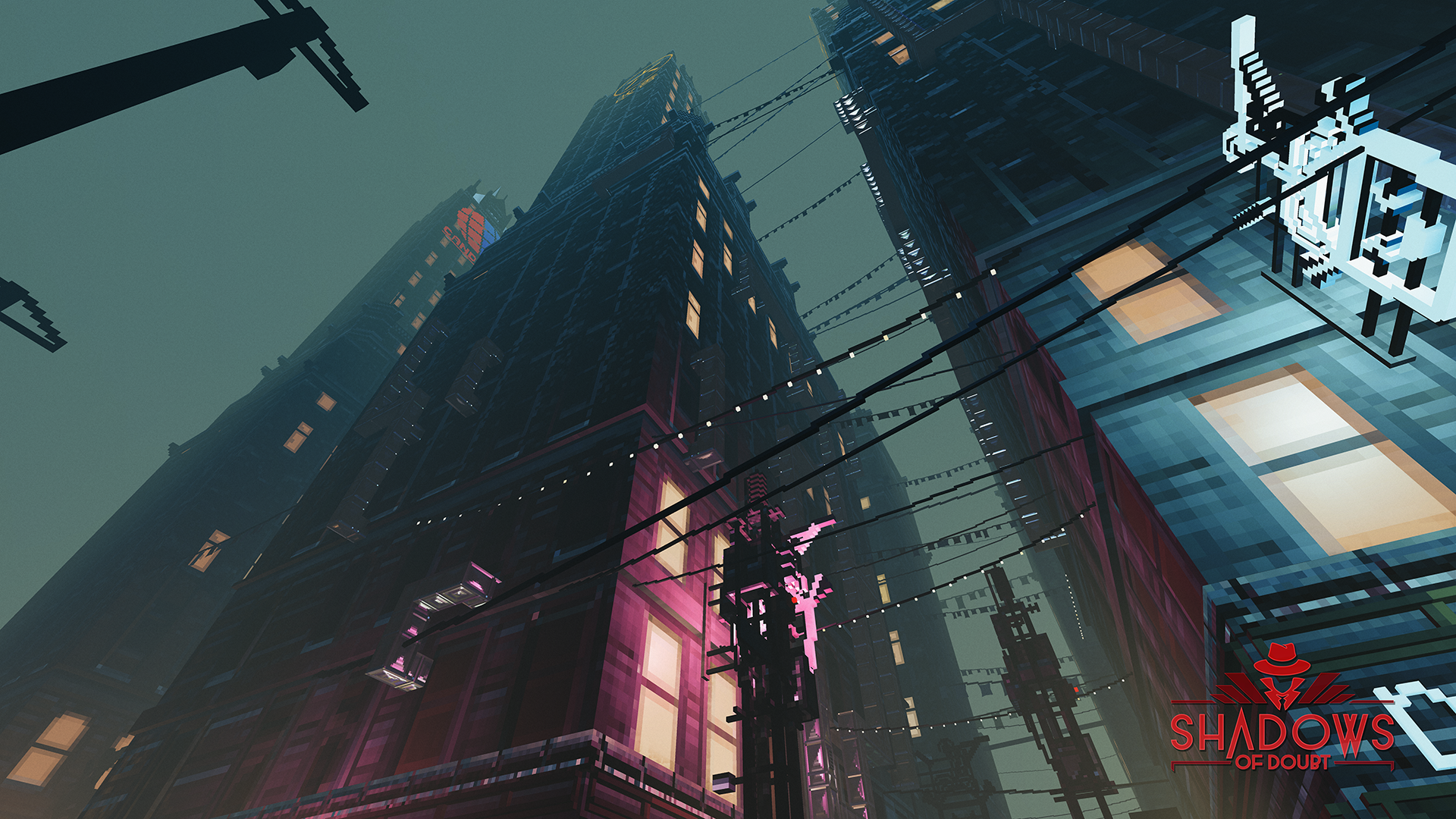 HD wallpaper from the video game Shadows of Doubt, featuring a dramatic view of towering buildings illuminated by vibrant lights amidst a moody atmosphere.