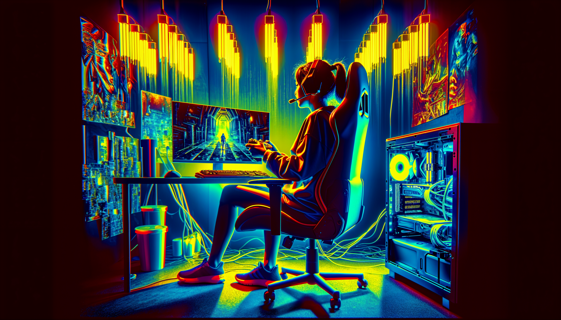 A vibrant 4K Ultra HD desktop wallpaper depicting a gamer immersed in gameplay, surrounded by colorful lighting and high-tech gaming equipment, creating an energetic atmosphere.