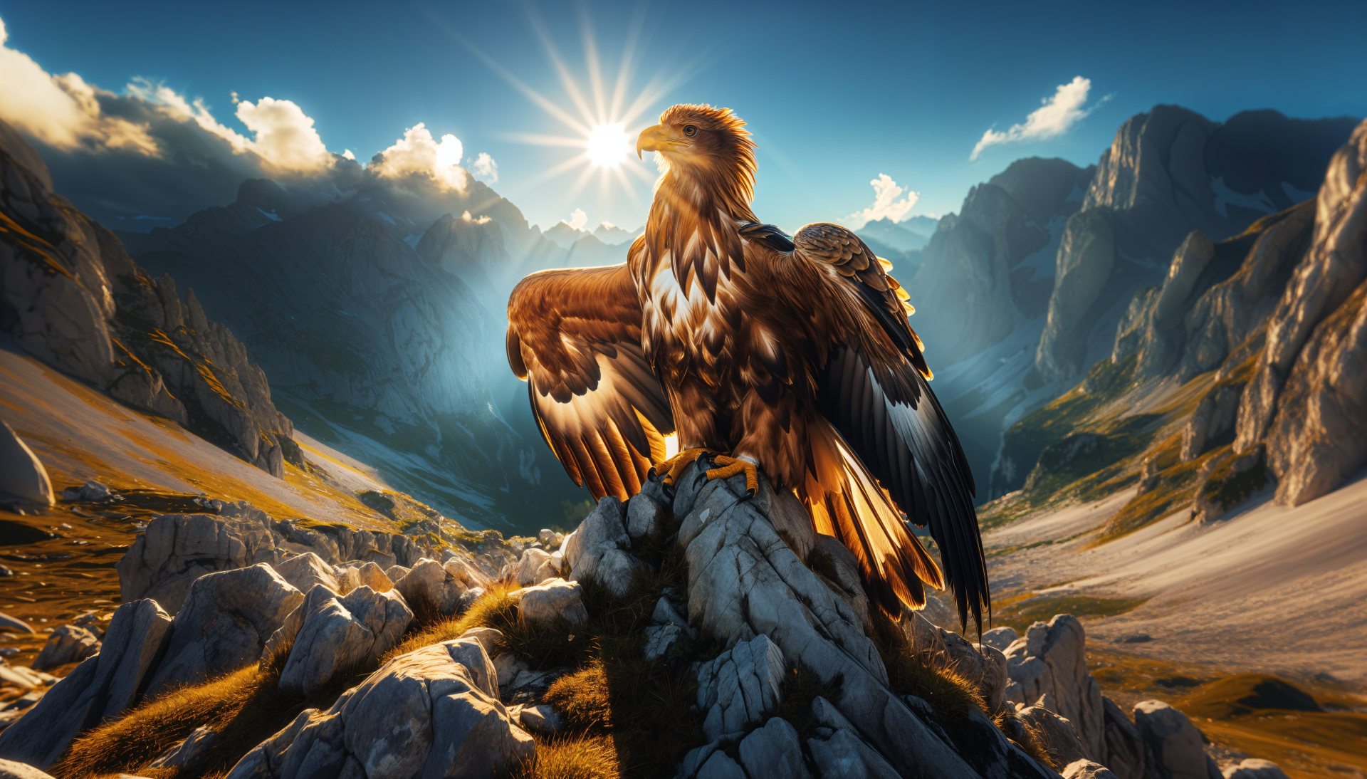 A majestic eagle stands atop a rocky perch, wings spread, against a backdrop of mountains and a setting sun, captured in stunning 4K Ultra HD resolution for a striking desktop wallpaper.