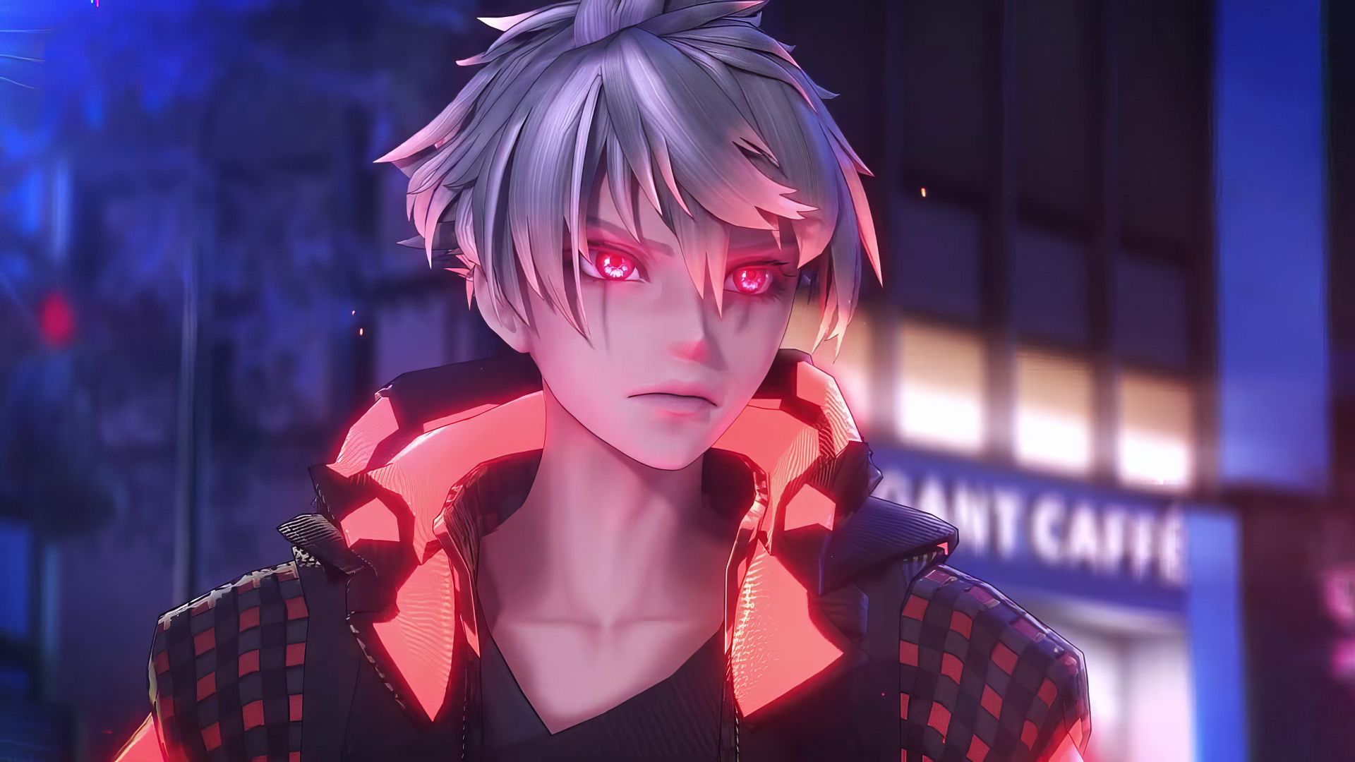 A dynamic HD PC desktop wallpaper featuring a character from the video game Reynatis, showcasing striking red eyes and a bold, illuminated outfit set against a vibrant urban backdrop.