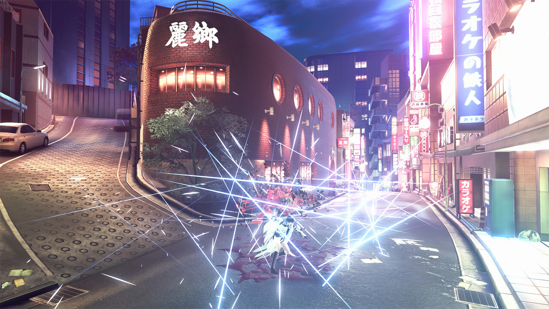 A vibrant HD PC desktop wallpaper featuring a dynamic scene from the video game Reynatis, showcasing a bustling city street illuminated by bright lights and explosive effects.