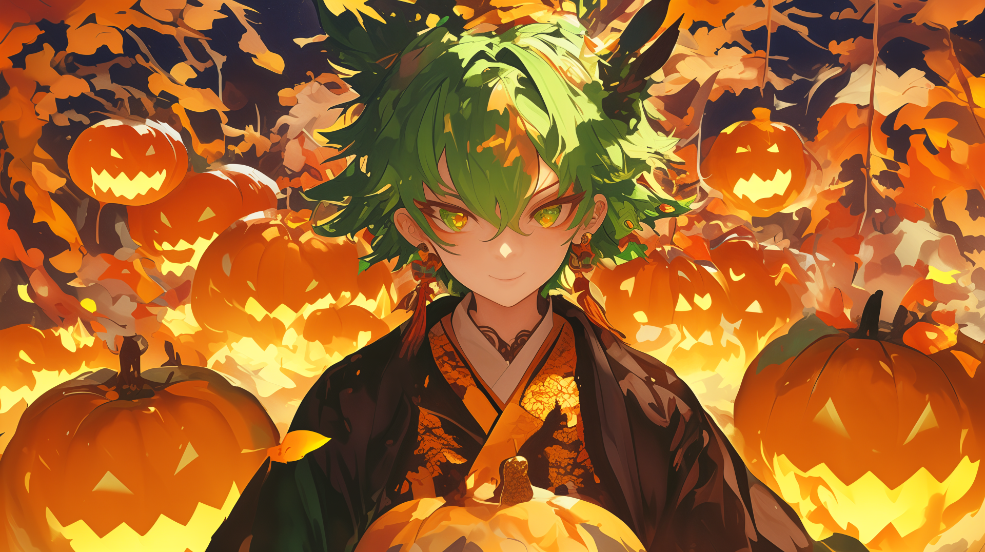 A vibrant anime Halloween scene featuring a character with green hair surrounded by glowing pumpkins and autumn leaves, set in a 4K Ultra HD background.