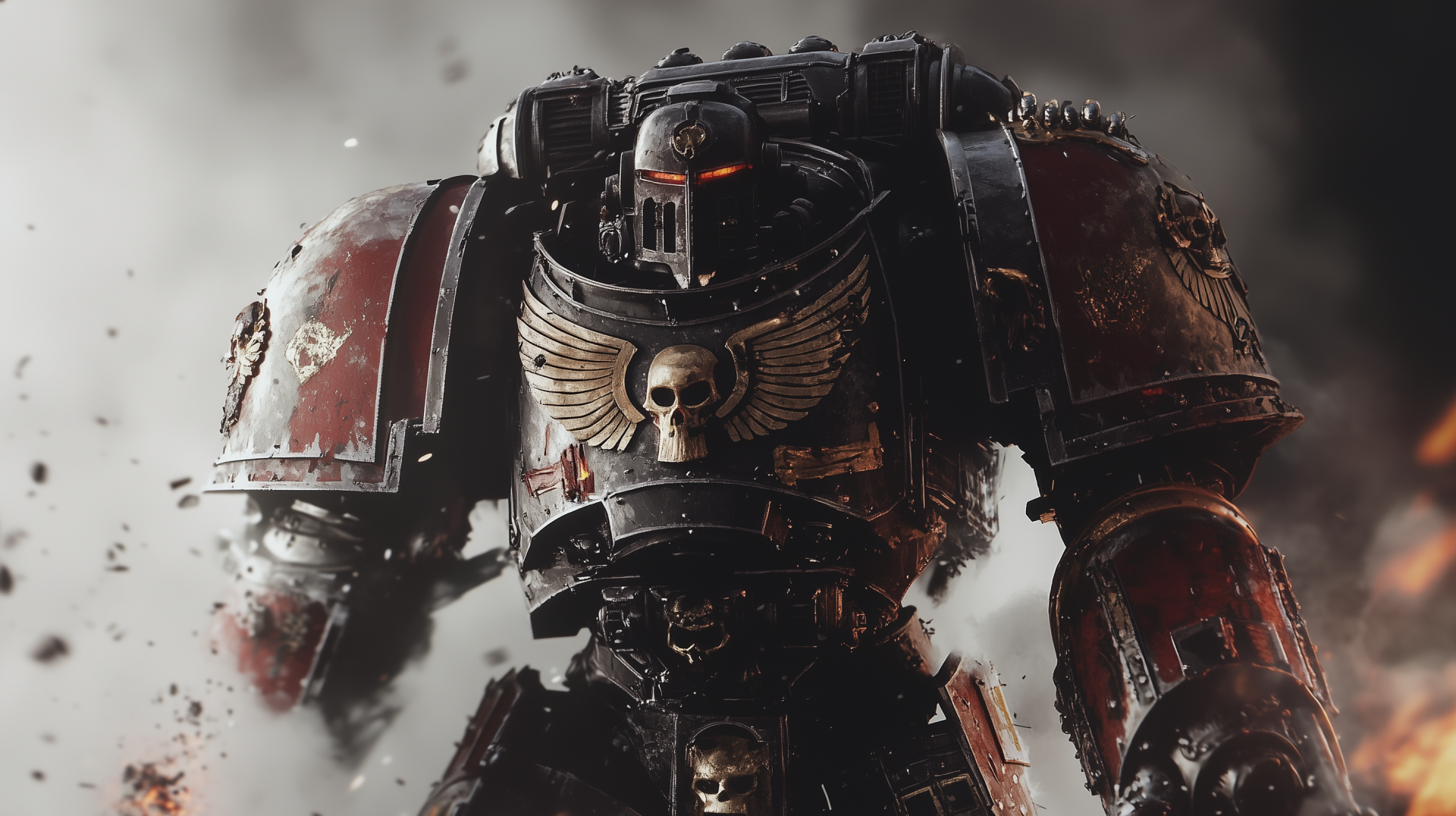 A striking HD PC desktop wallpaper from the Warhammer 40k universe, featuring a powerful armored warrior amidst a dramatic backdrop, conveying strength and intensity.