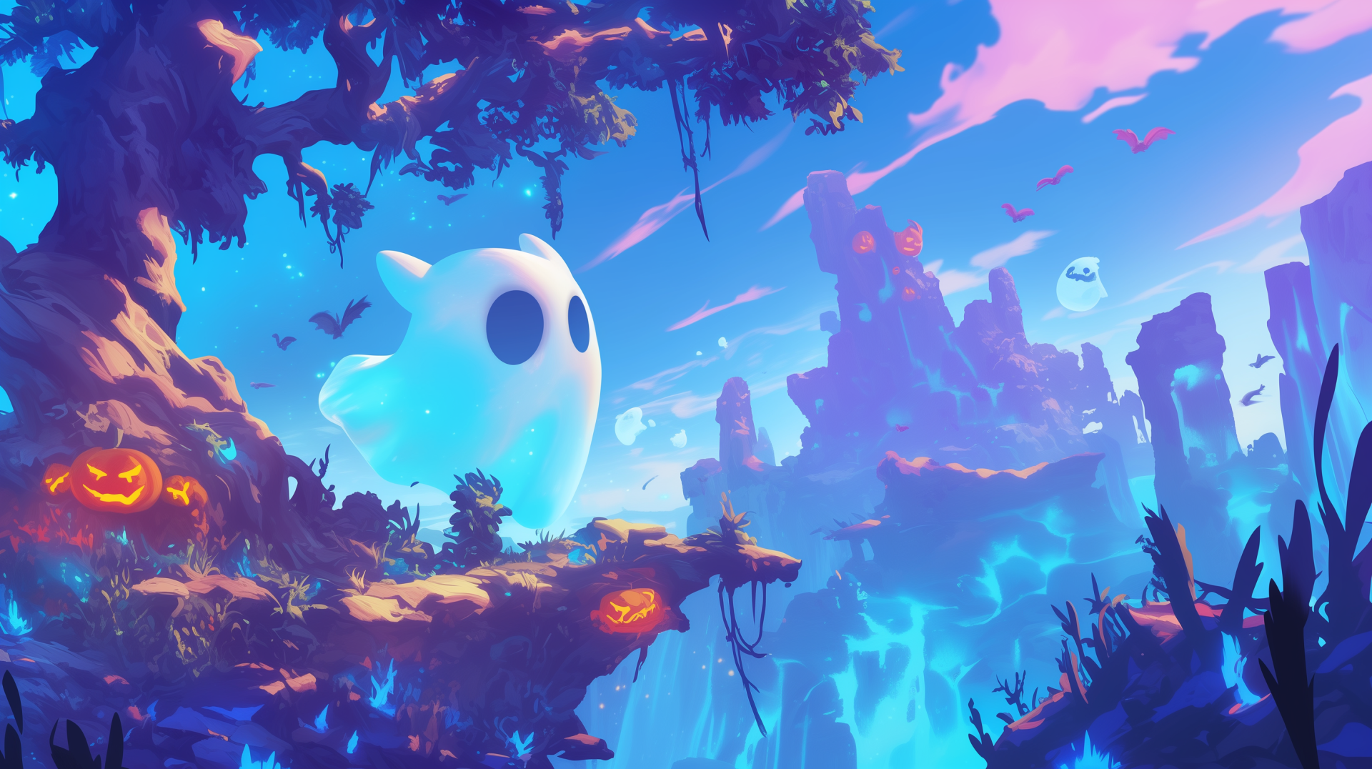 A vibrant anime Halloween scene featuring a friendly ghost among colorful mountains and illuminated pumpkins, set against a dreamy fantasy background. HD desktop wallpaper.