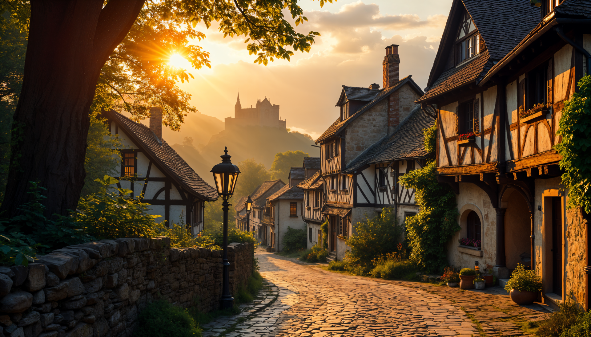 A serene medieval village at sunset, featuring charming timber-framed houses along a cobblestone path, with a distant castle silhouetted against the golden sky. 4K Ultra HD wallpaper.
