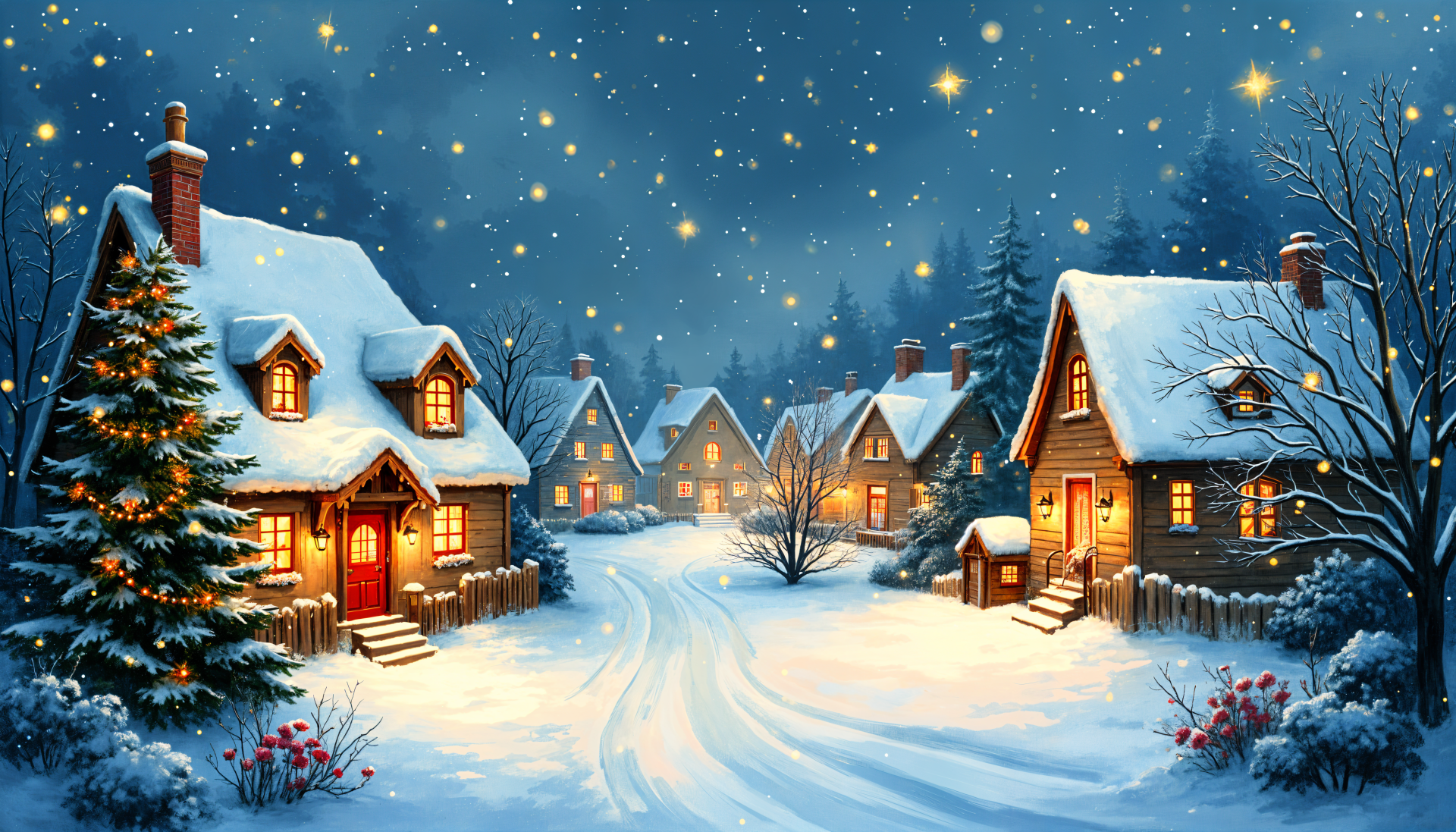 Snow-covered cabins glow warmly under a starry sky in a peaceful Christmas town during winter, captured in vibrant 4K Ultra HD for a festive PC desktop wallpaper.