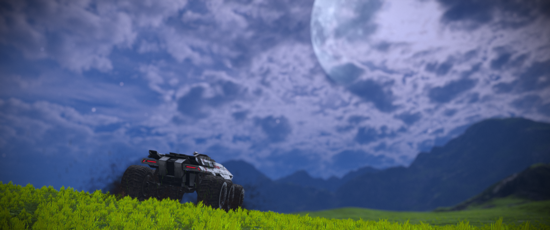 A stunning HD wallpaper featuring a futuristic vehicle in a vibrant green landscape under a dramatic sky, inspired by the video game Mass Effect.