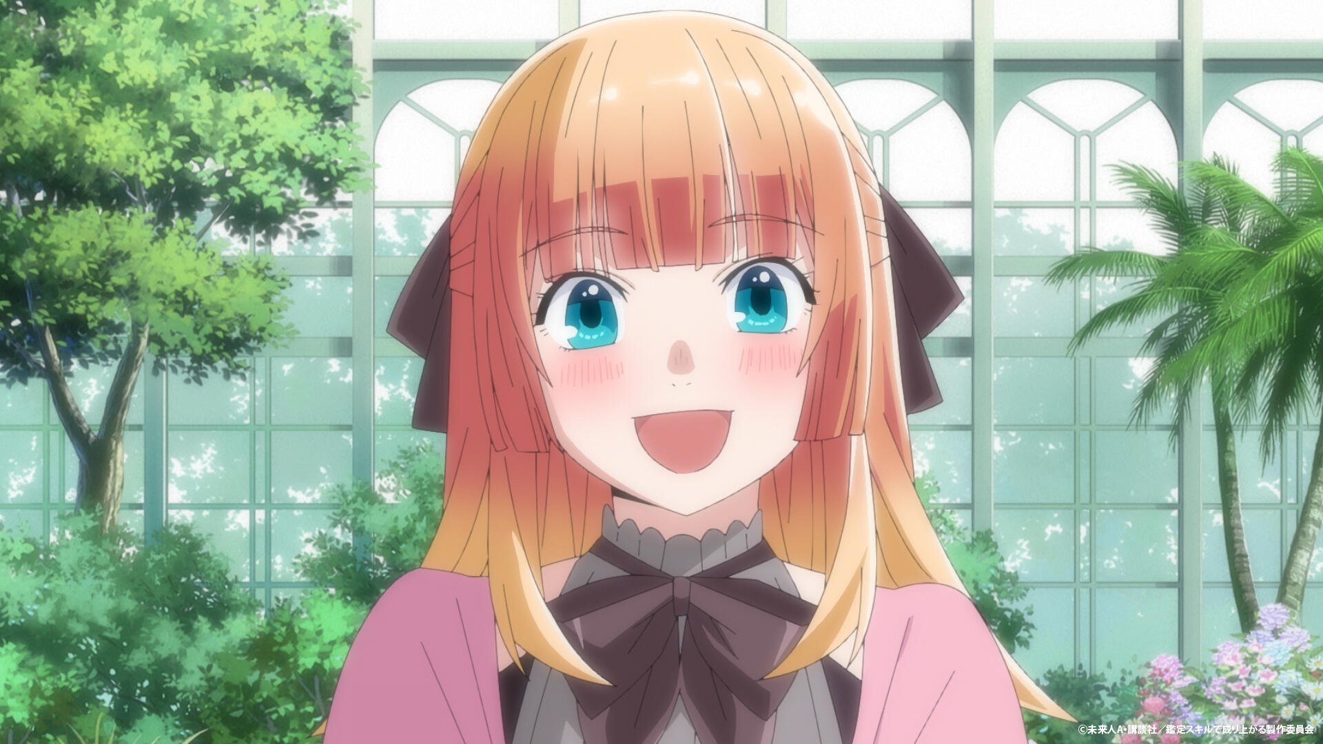 A cheerful anime character with orange hair and blue eyes smiles brightly in a lush, green garden, featured in As a Reincarnated Aristocrat I’ll Use My Appraisal Skill to Rise in the World.