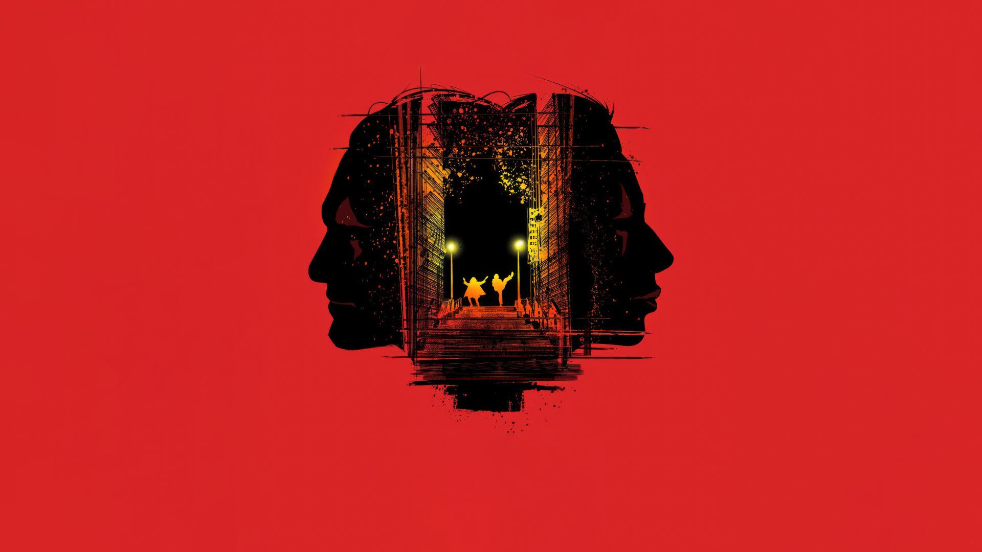 4K Ultra HD wallpaper featuring silhouettes of Joker and Harley Quinn from the movie Joker: Folie à Deux against a bold red background.