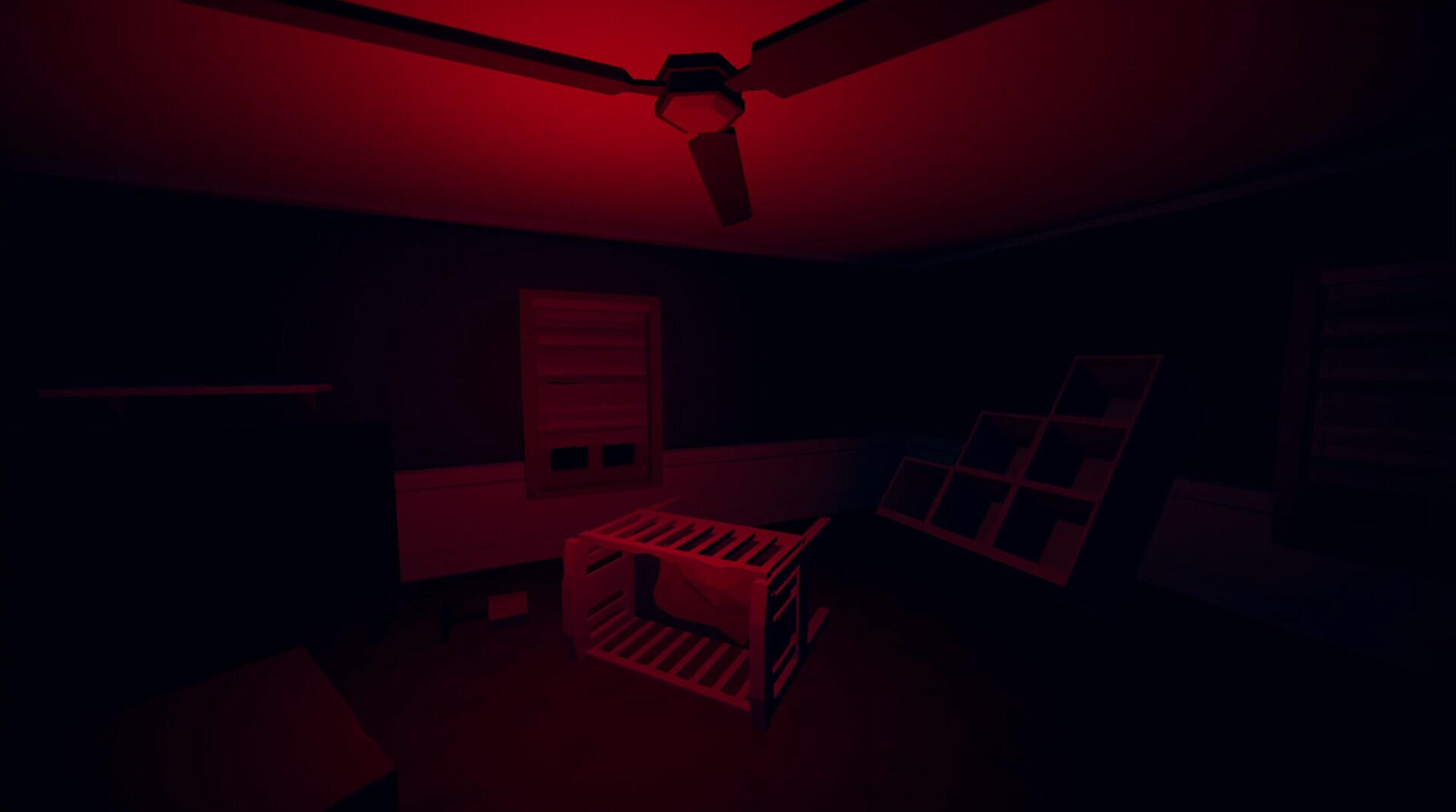 Dark, red-lit room from the video game Moving Houses, shown as an HD PC desktop wallpaper and background.