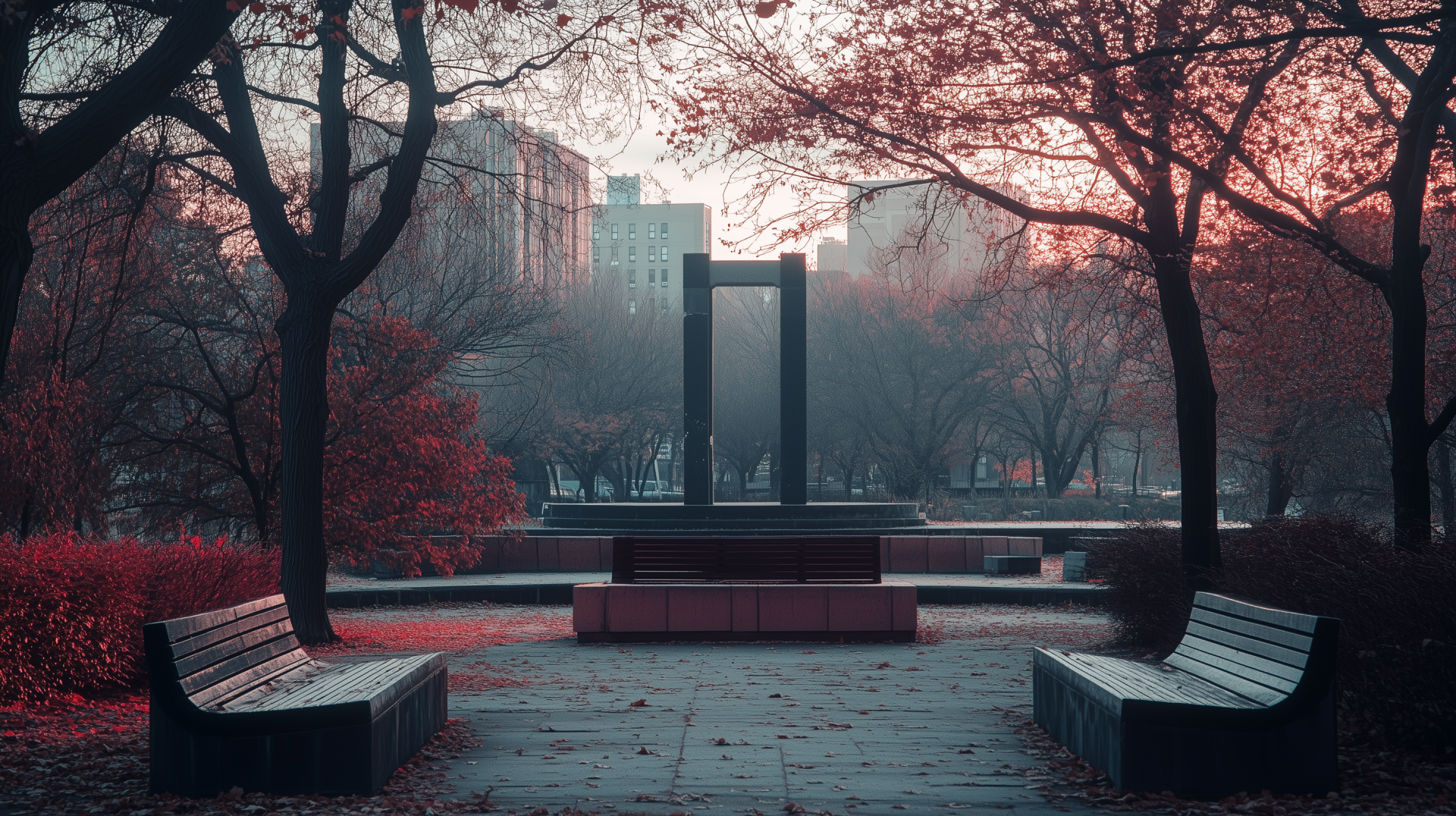 HD desktop wallpaper capturing a serene city park in autumn, with empty benches, red and orange foliage, and misty buildings in the background at dawn.
