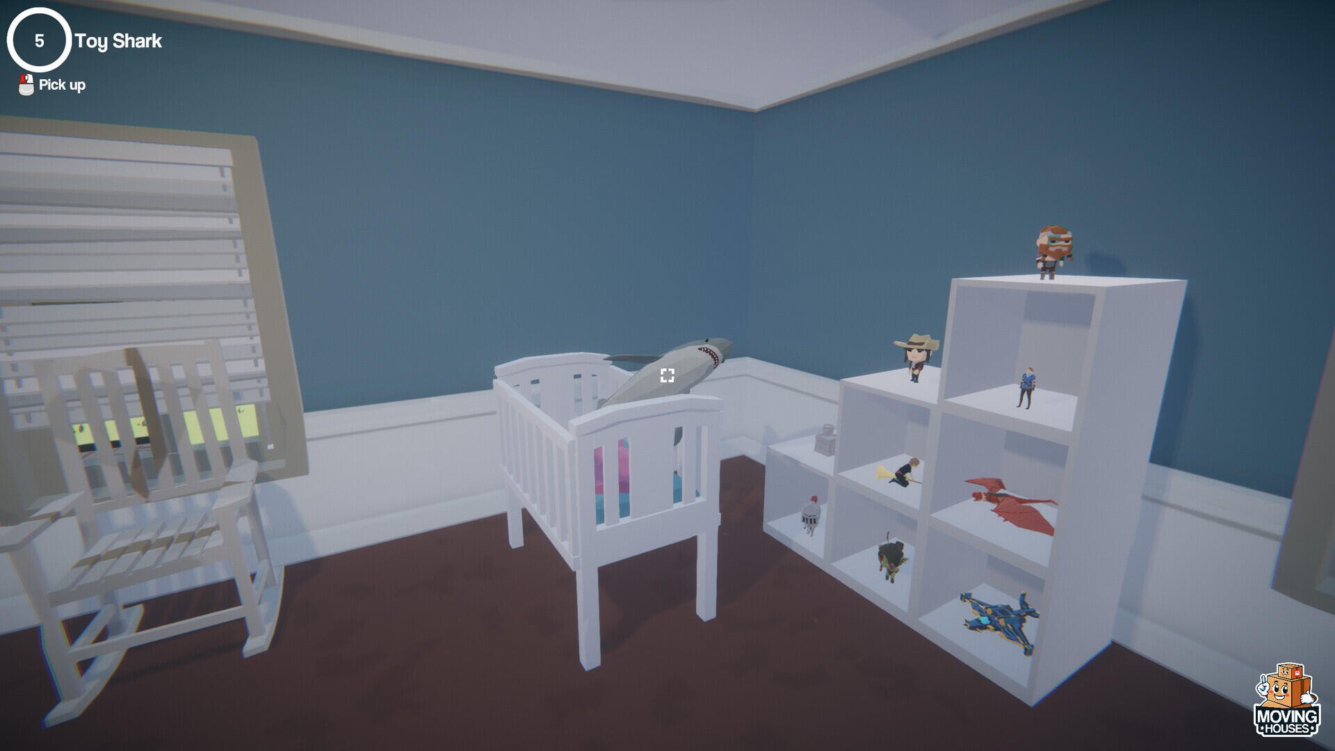A cozy room depicted in a video game titled Moving Houses, featuring a crib and a shelf with toys against a blue wall, set as a high-definition PC desktop wallpaper.