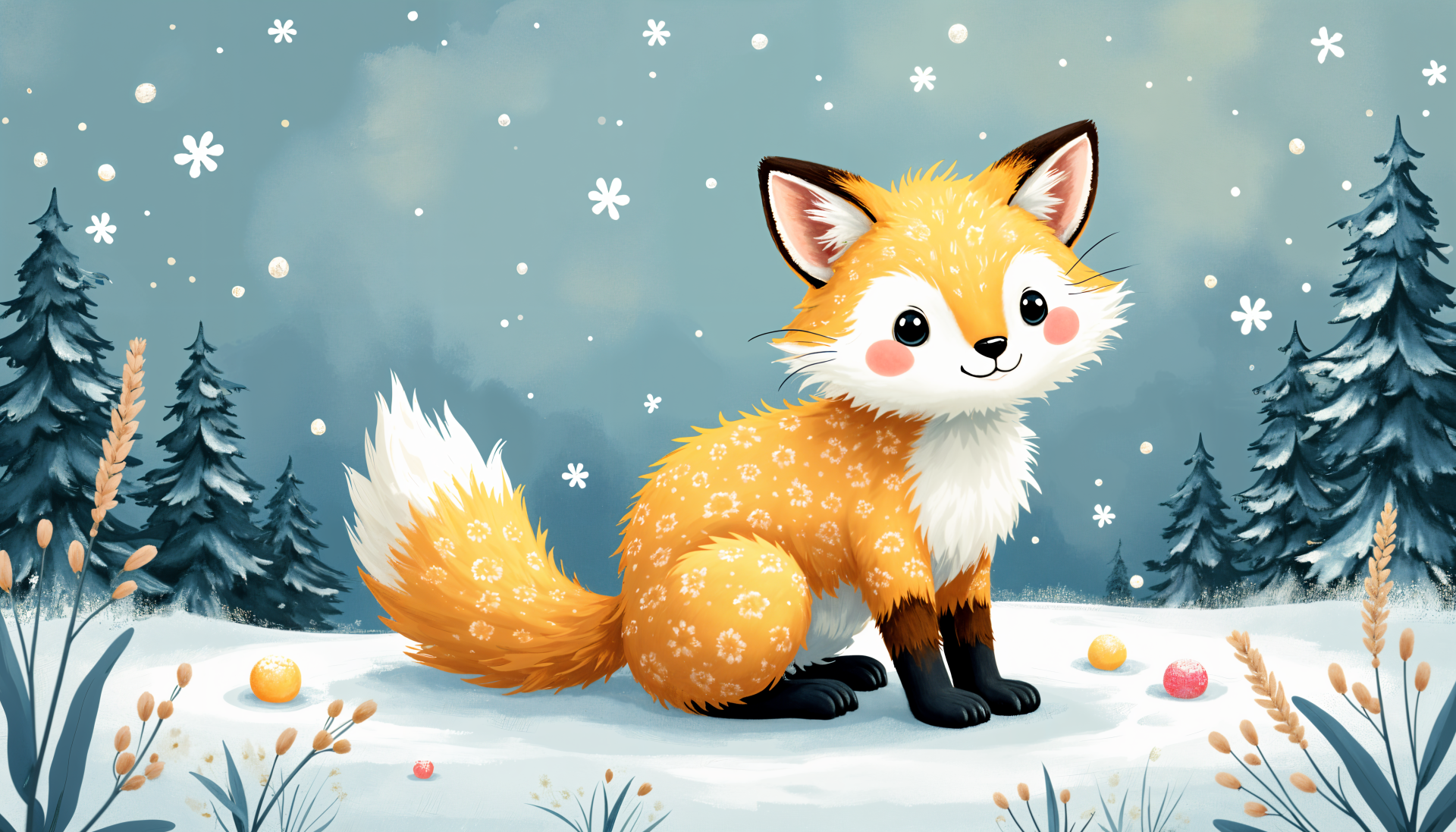 Cartoon-style Arctic fox with fluffy tail sits in a snowy winter forest, surrounded by falling snowflakes in a vibrant 4K Ultra HD desktop wallpaper.