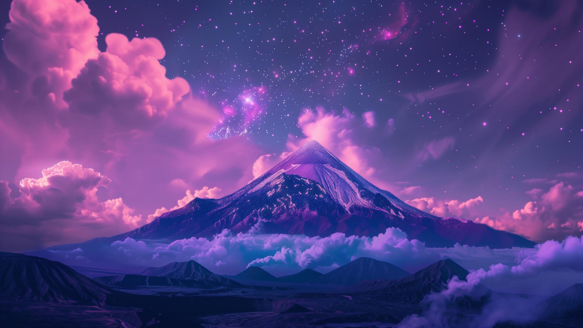 A stunning mountain rises majestically beneath a starry sky, with vibrant clouds swirling around, creating a breathtaking night scene in 4K Ultra HD.