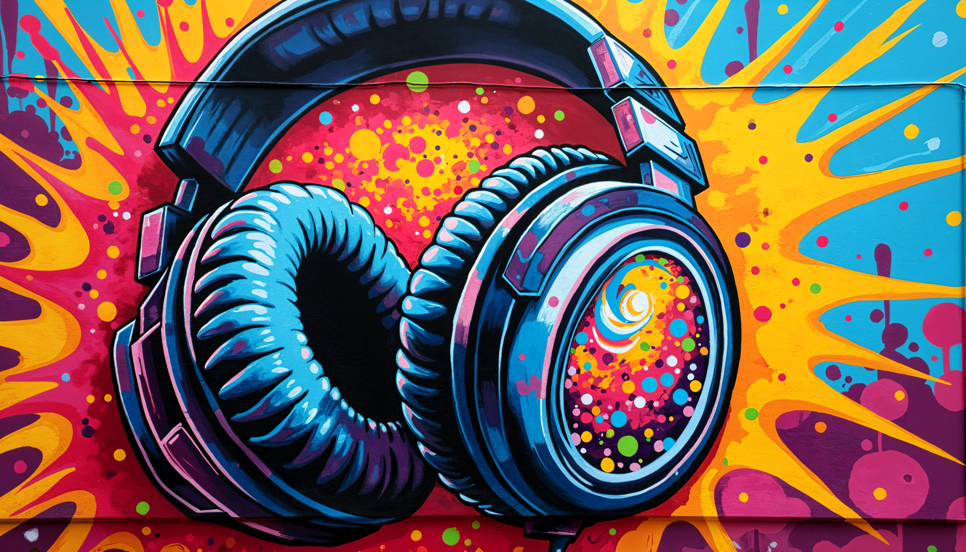 A vibrant and colorful illustration of headphones against a dynamic splatter background, showcasing energy and creativity. This 4K Ultra HD wallpaper enhances any desktop aesthetic.