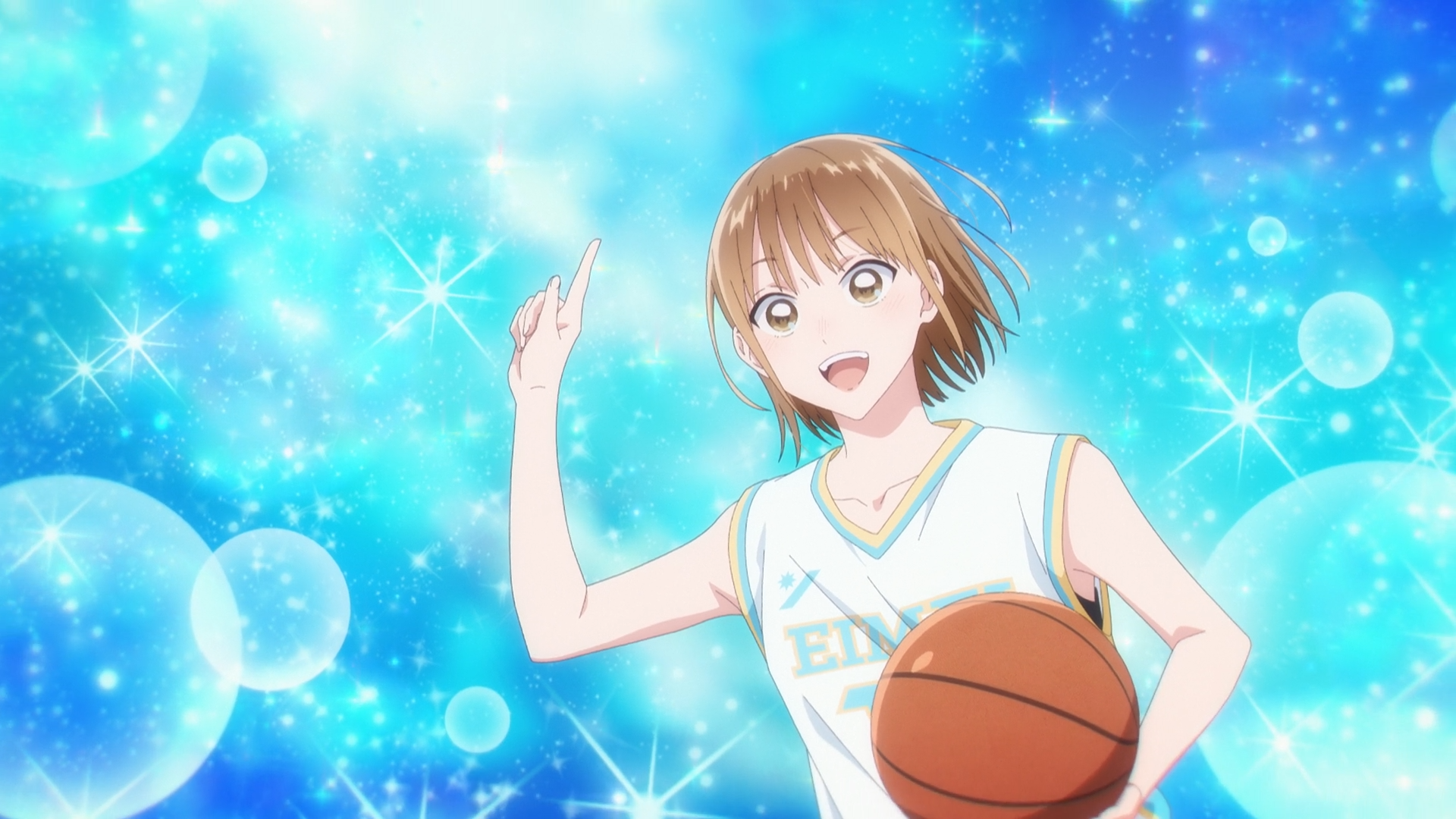 Anime-style HD desktop wallpaper featuring Chinatsu Kano from Blue Box, holding a basketball with a vibrant blue sparkling background.