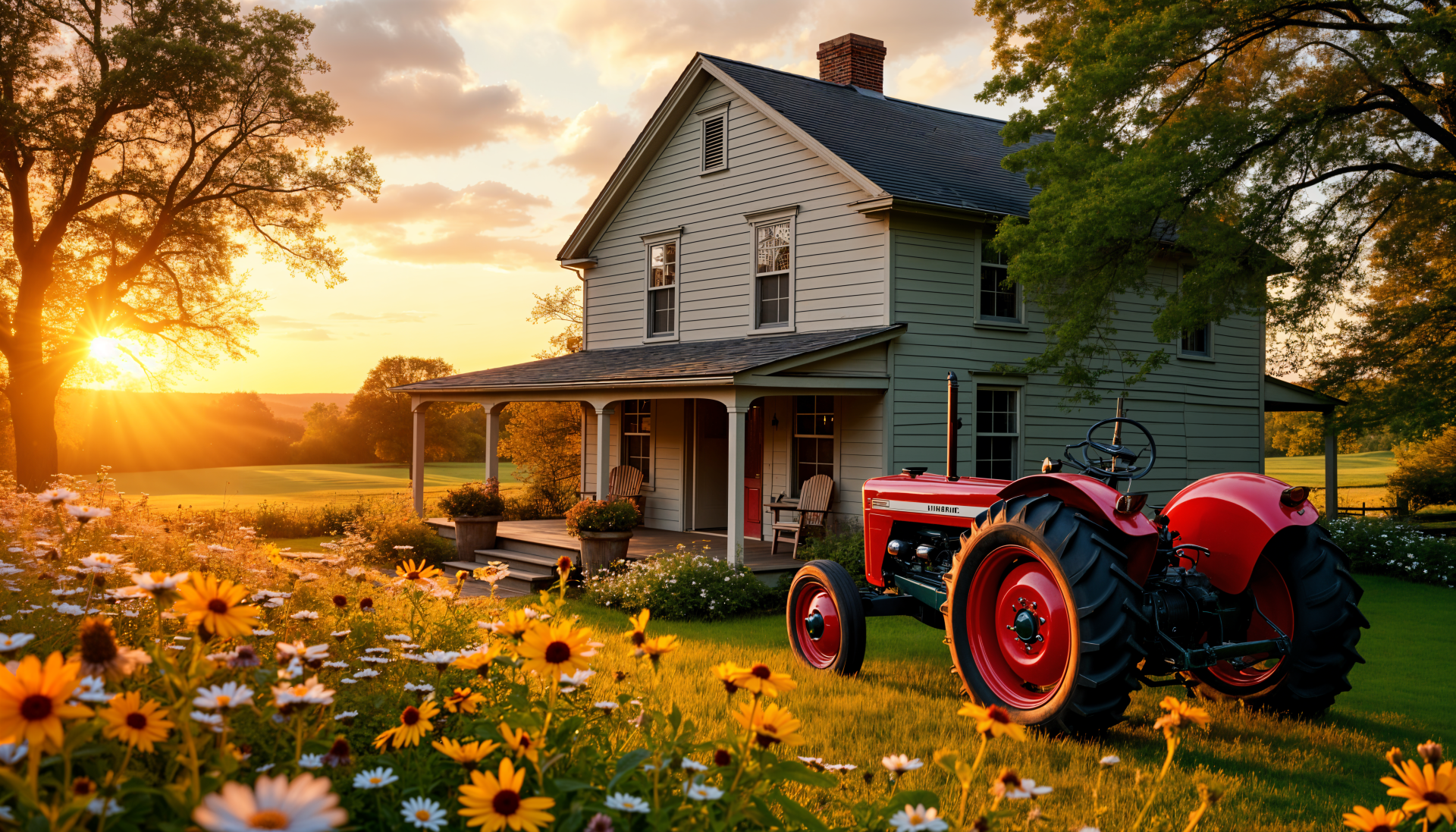 A charming farmhouse surrounded by vibrant flowers and a classic red tractor, set against a picturesque sunset, captured in stunning 4K Ultra HD.