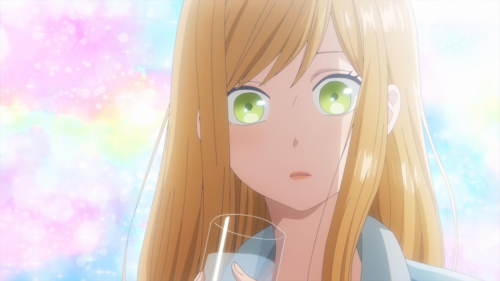 A character with long, light hair and green eyes looks contemplatively at the viewer while holding a glass, set against a colorful, dreamy background from My Love Story With Yamada-kun at Lv999.