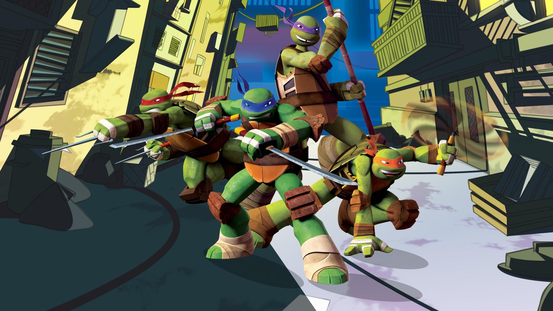 HD PC desktop wallpaper featuring the Teenage Mutant Ninja Turtles striking dynamic poses in an urban alley setting with vibrant colors and detailed animation style.
