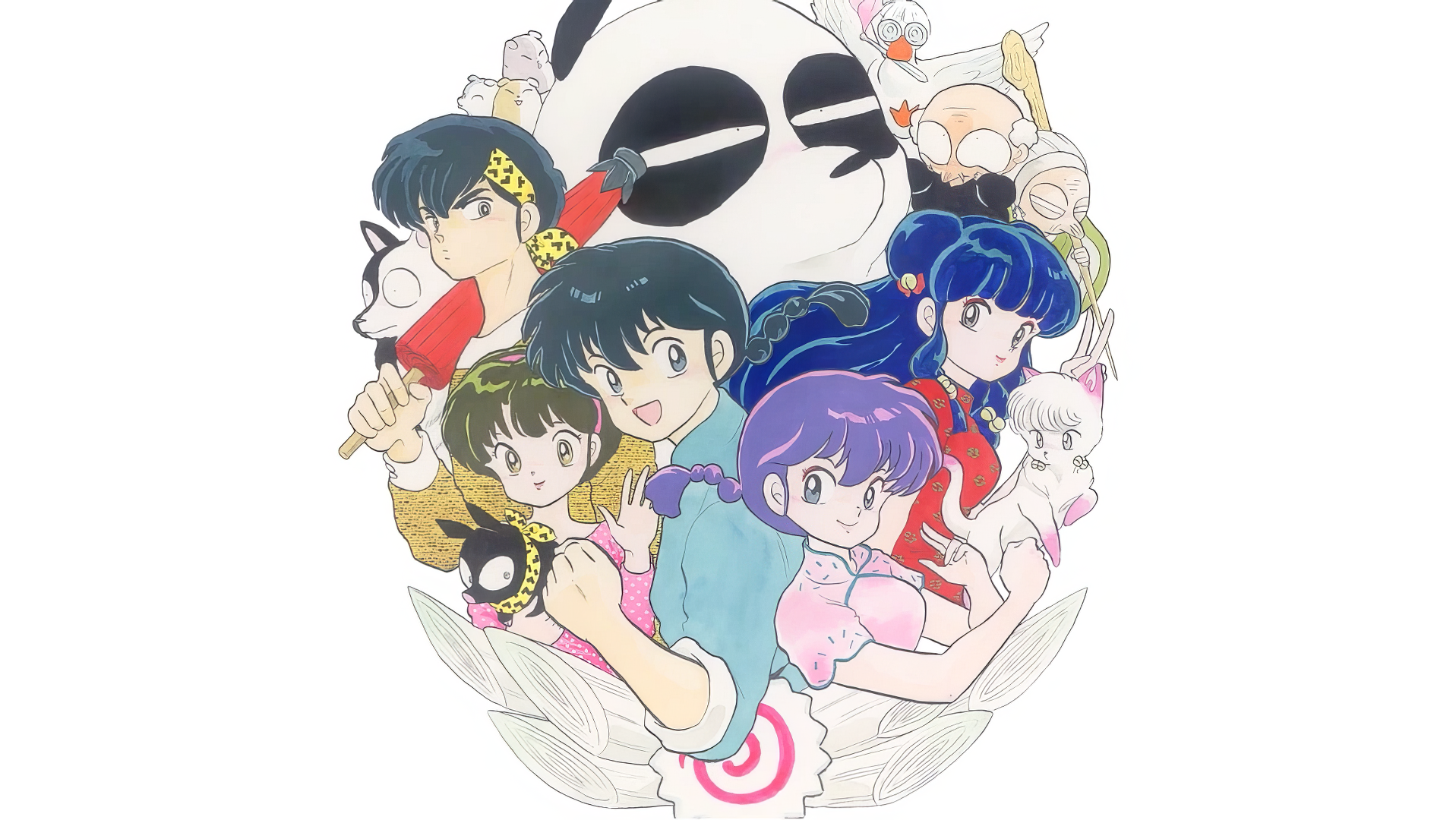 HD PC desktop wallpaper featuring colorful characters from the anime Ranma ½ in a dynamic, circular composition with vibrant expressions and poses.