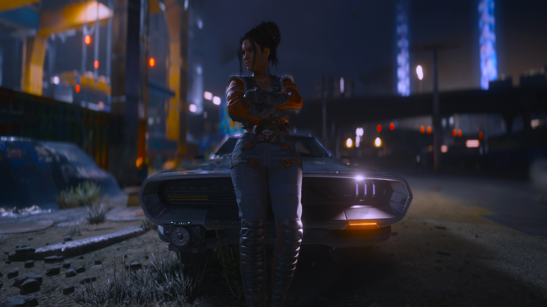 A Cyberpunk 2077 HD desktop wallpaper featuring a character standing confidently by a futuristic car, set against a vibrant, neon-lit urban backdrop at night.