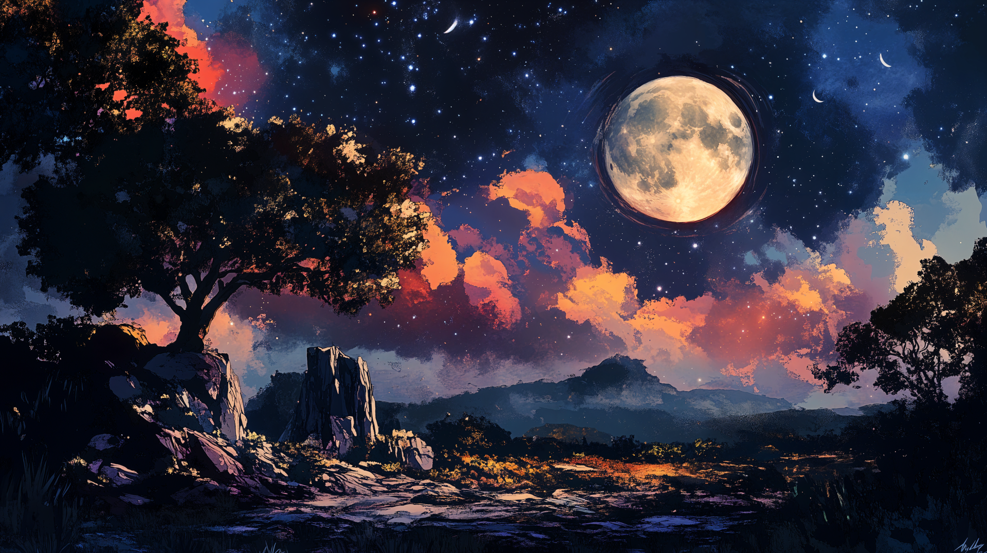 A stunning moonlit sky illuminates a serene landscape, featuring vibrant clouds and a panoramic view of mountains, making an enchanting 4K Ultra HD desktop wallpaper.