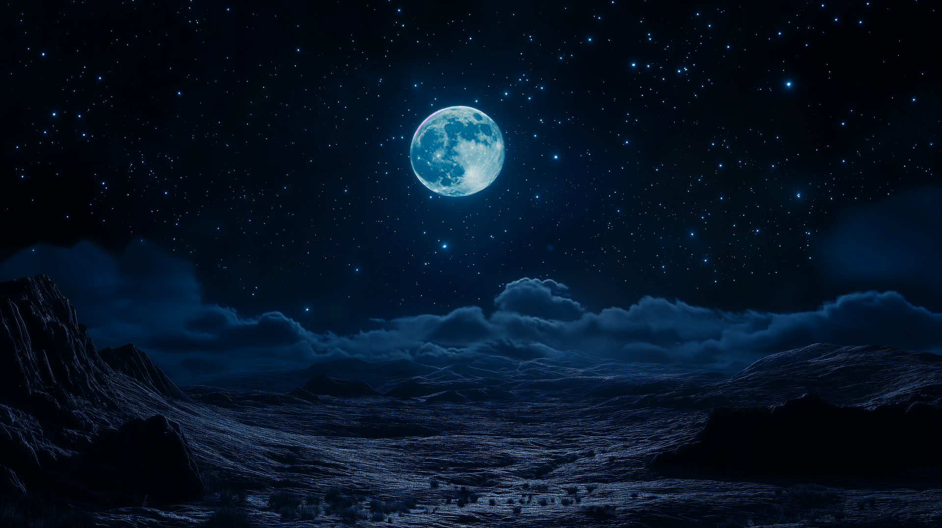 A serene moonlit sky illuminates the landscape, featuring a prominent moon surrounded by stars. This stunning image serves as a captivating 4K Ultra HD desktop wallpaper.