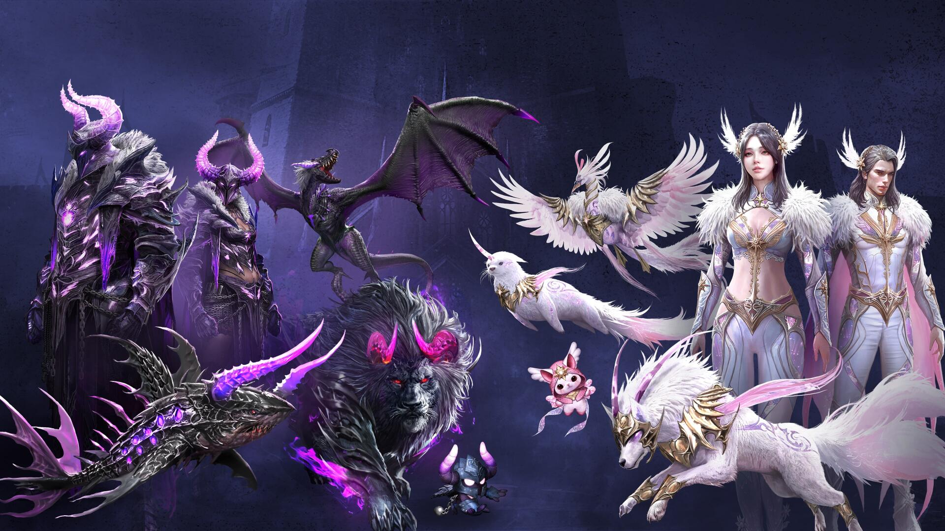 A stunning 4K Ultra HD wallpaper featuring characters and mythical creatures from the video game Throne and Liberty, set against a dark, mystical background.