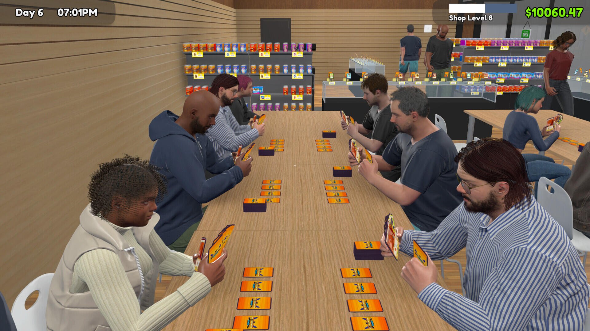 A vibrant scene from the TCG Card Shop Simulator, featuring players engaged in a tabletop card game, surrounded by shelves of colorful card packs in an inviting shop setting.