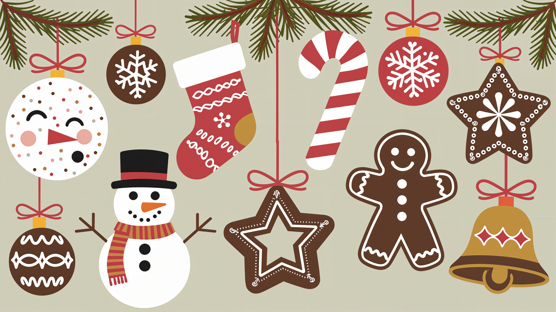 A festive arrangement of Christmas ornaments, including snowmen, candy canes, stars, and cookies, creating a cheerful 4K Ultra HD desktop wallpaper and background.