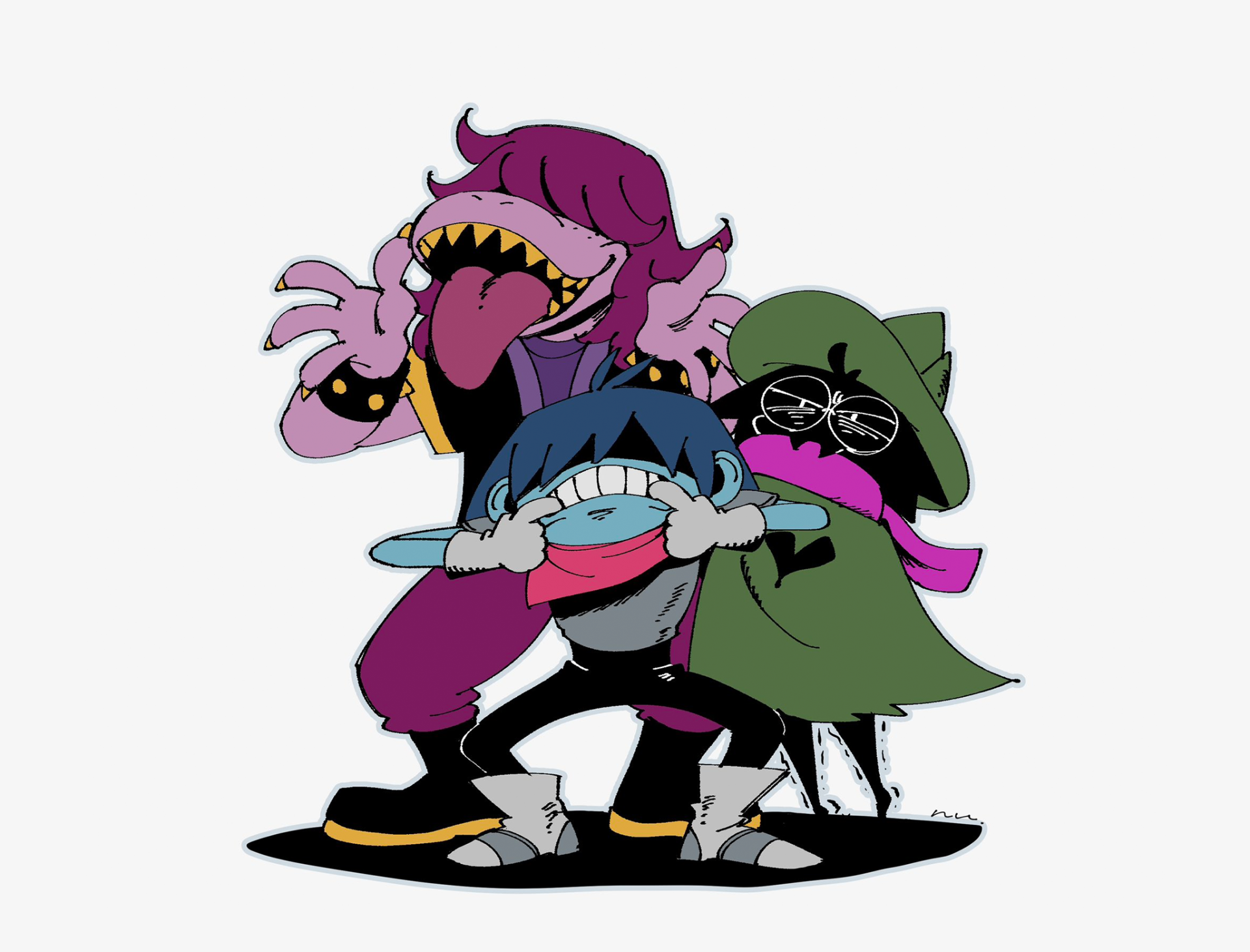 HD desktop wallpaper featuring Kris, Ralsei, and Susie from Deltarune alongside elements inspired by Undertale, showcasing the characters in a bold, colorful style.