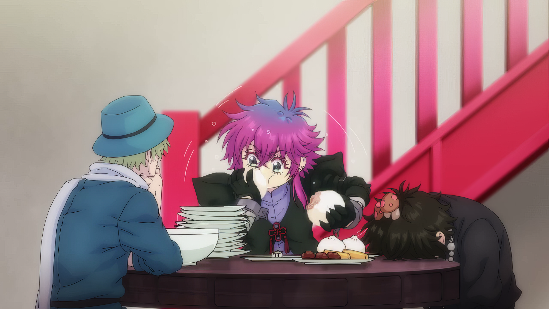 A vibrant scene from the anime Haigakura featuring characters at a table, with one dressed in a colorful outfit and holding plush toys, set against a modern interior backdrop.