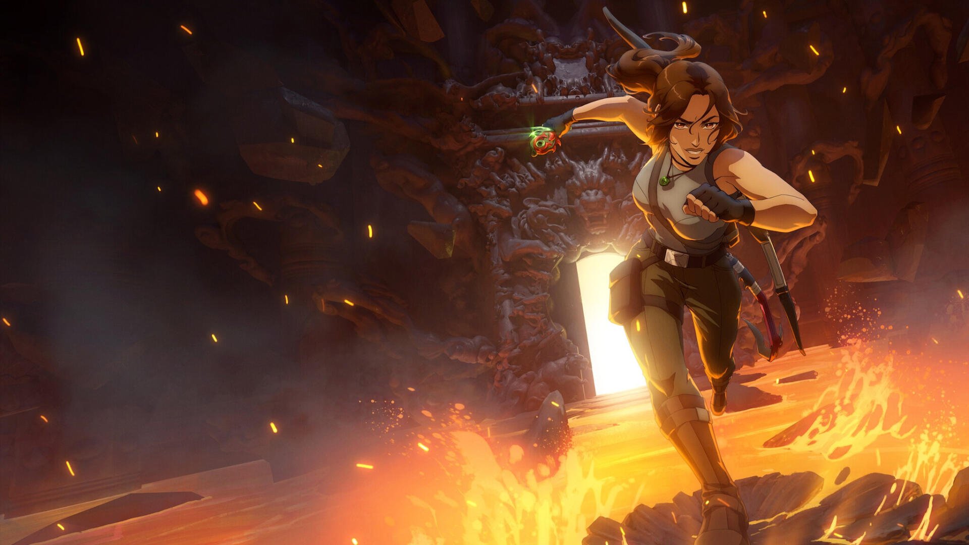 An action-packed anime-style wallpaper featuring Lara Croft from Tomb Raider: The Legend of Lara Croft, sprinting through a fiery cave with determination and adventure.
