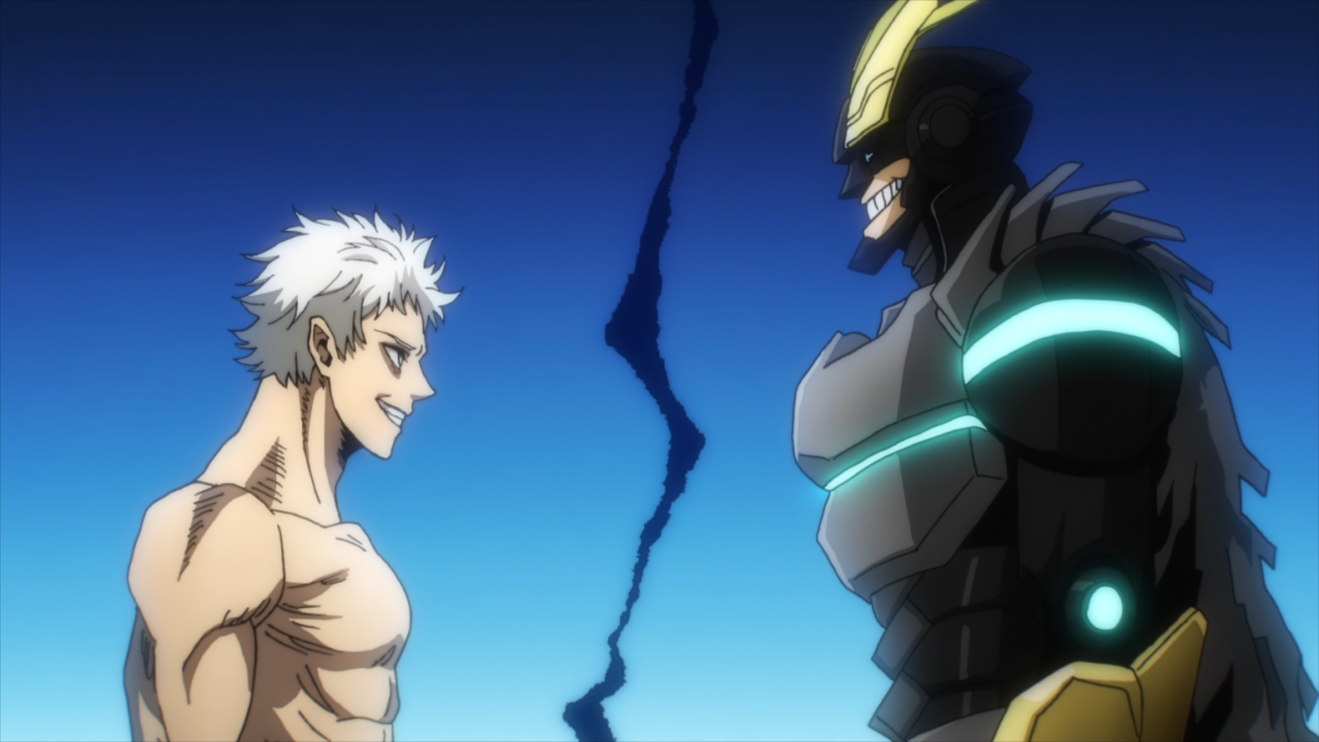 Anime HD wallpaper from My Hero Academia featuring a face-off between All For One and Armored All Might against a deep blue sky background.