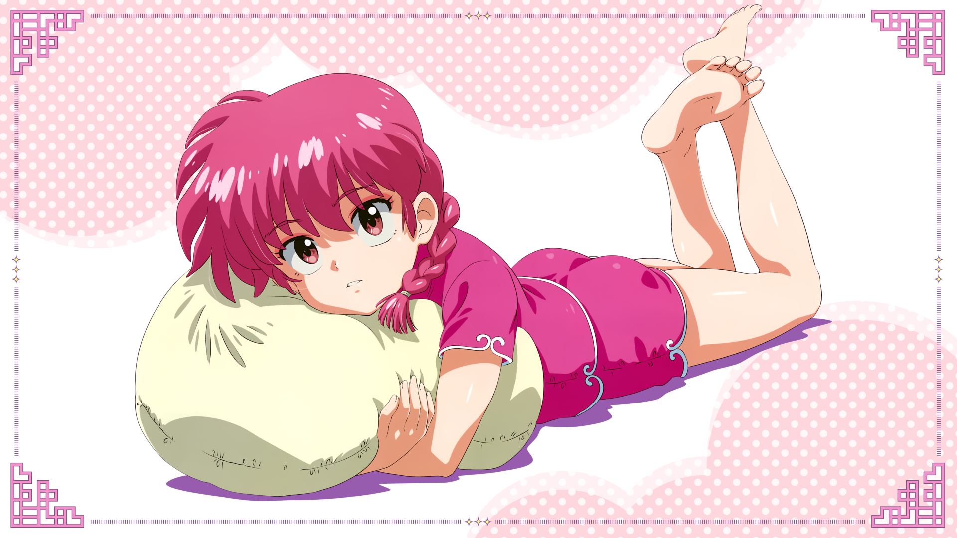 Ranma ½ — Ranma Saotome (female form) lounging on her stomach on a pillow, pink hair and outfit; 2K Quad HD PC desktop anime wallpaper with a soft patterned pink border.
