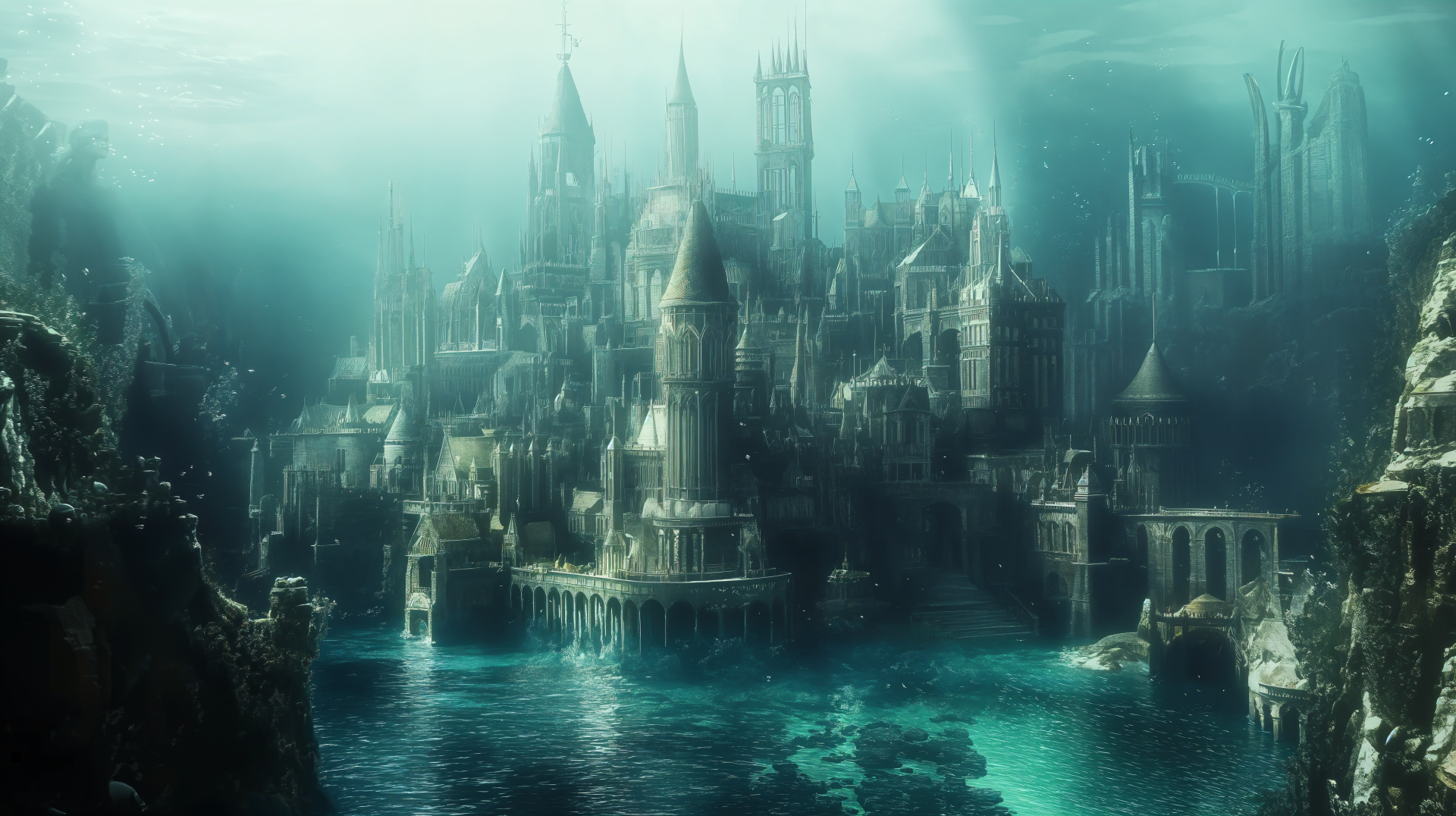 A detailed 4K Ultra HD digital art wallpaper depicting a serene underwater city with intricate fantasy architecture submerged beneath calm waters.
