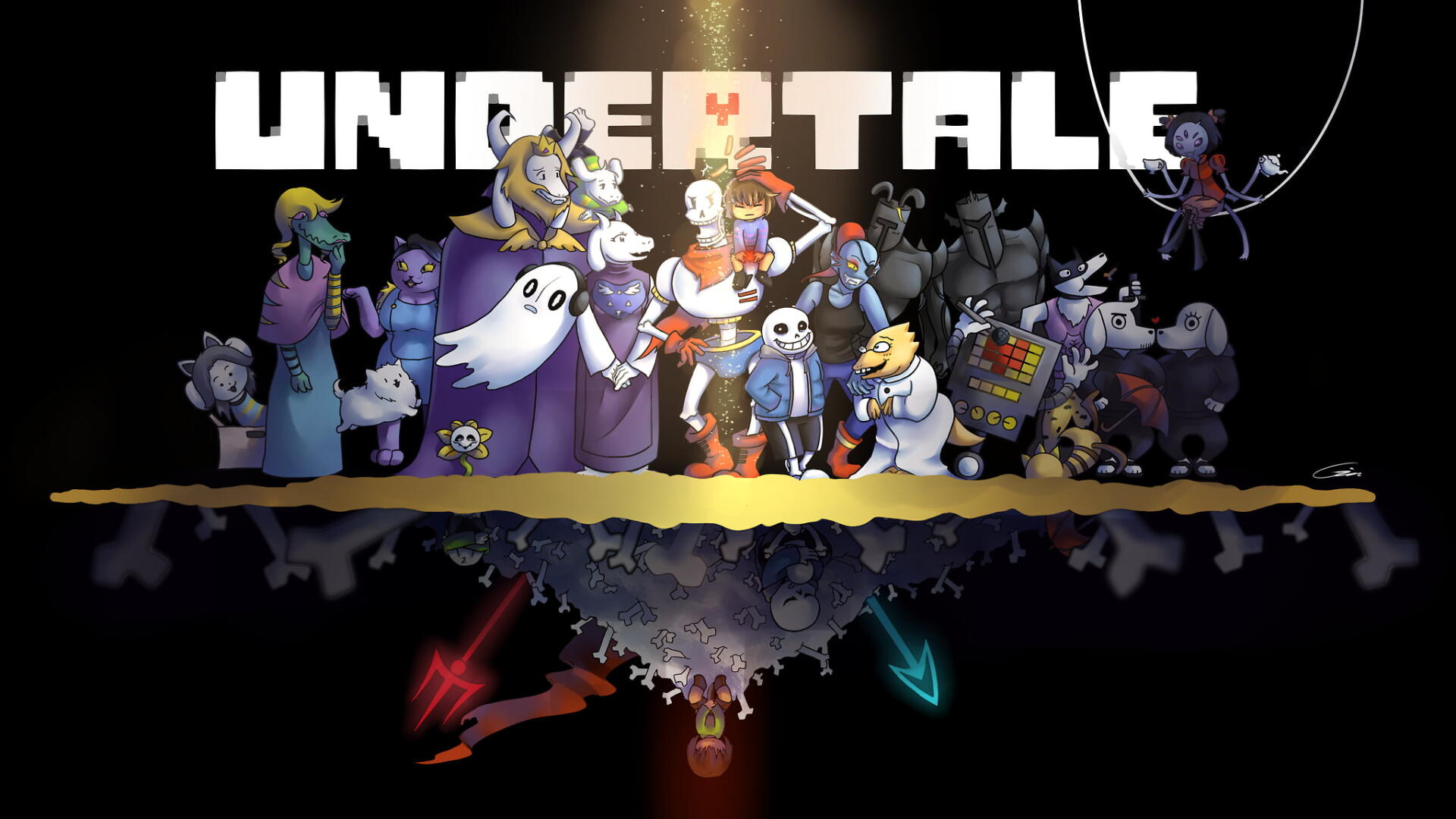 HD PC desktop wallpaper featuring a vibrant group of Undertale characters arranged above a dark, mirrored reflection.