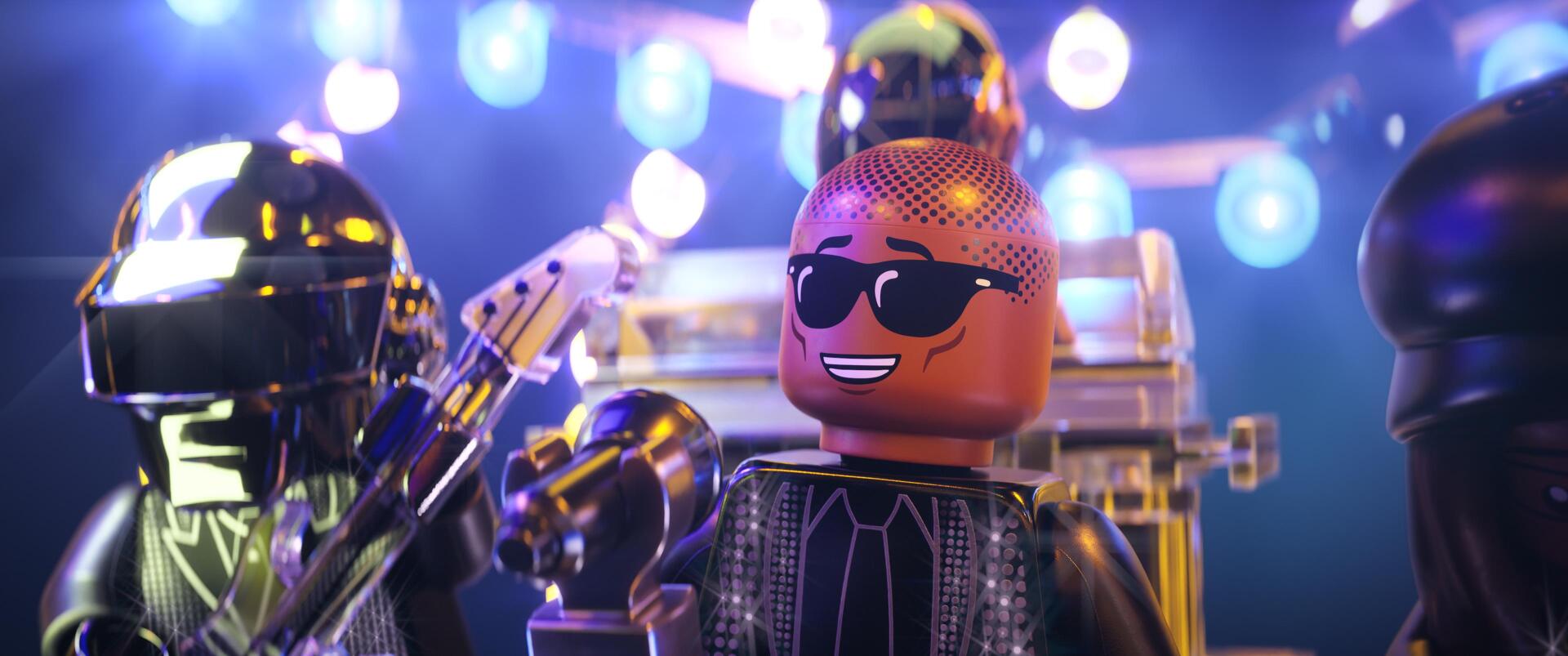 A colorful HD desktop wallpaper from the movie Piece by Piece, featuring animated characters performing with bright lights and microphones, capturing a vibrant musical atmosphere.
